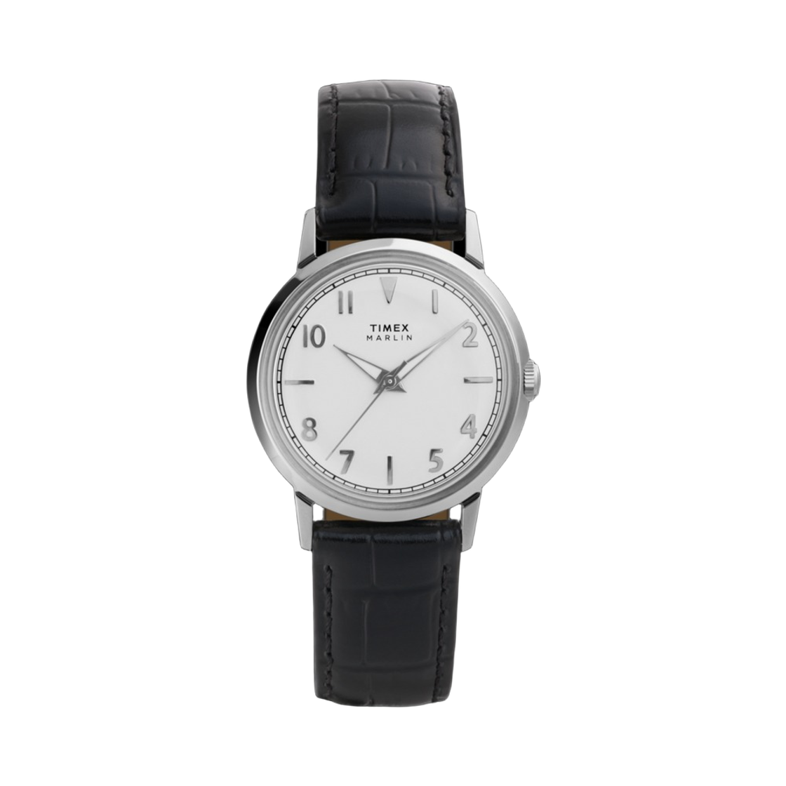 TW2Y37600 Timex Marlin Quartz 34mm Leather Strap Watch Silver Tone Black