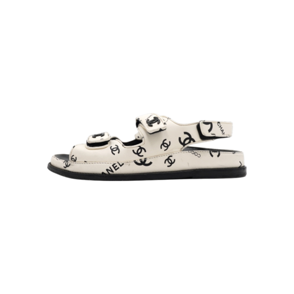 IT5EMRWDNWR4 Chanel White Leather Black Multi-CC Print Velcro Women's Sandals