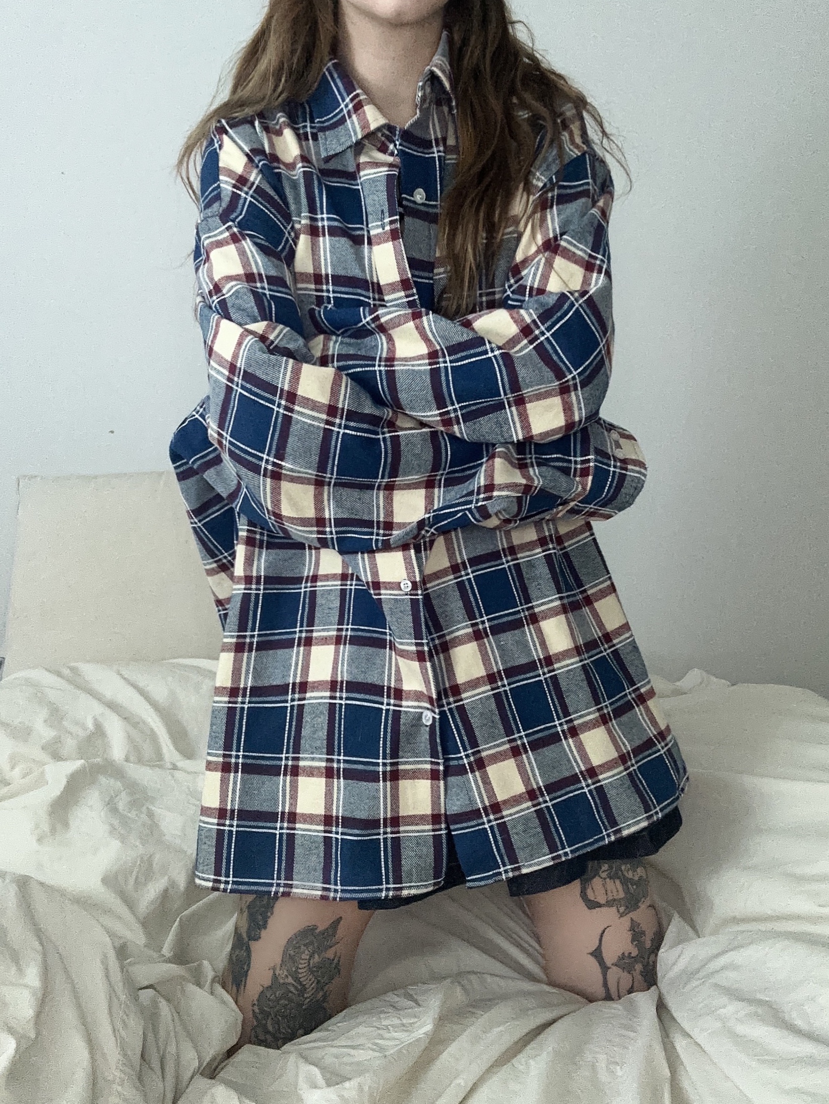 QT8 GARMENTS Rustic Core Flannel Check Shirt Blue 착용 스타일 - 4