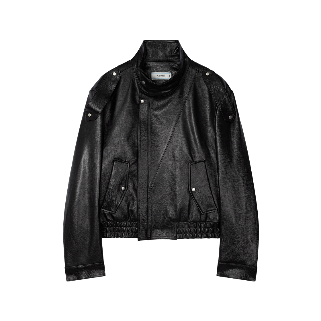 웨이비니스 에폴렛 하이넥 레더 재킷 블랙(Waviness Epaulet High-Neck Leather Jacket Black)