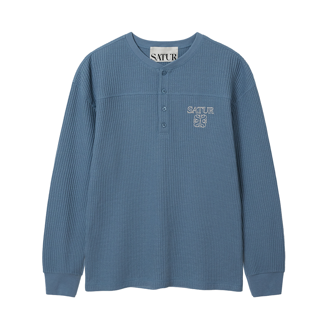 세터 스티치 와플 헨리넥 롱 슬리브 블루(SATUR Stitch Waffle Henley Neck Long Sleeve Blue)