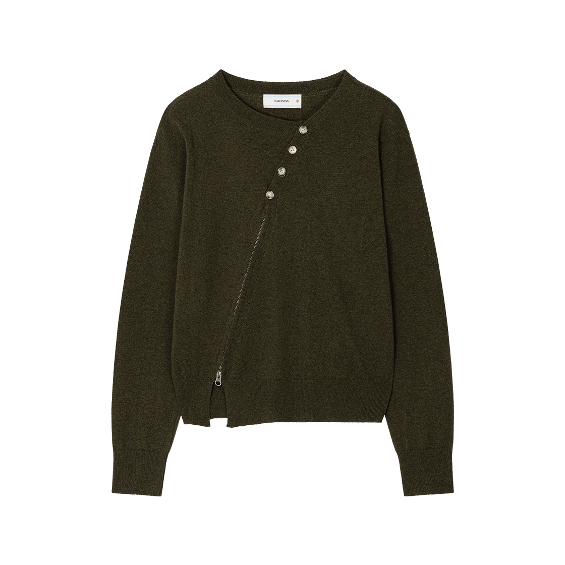 웨이비니스 트위스티드 버튼 집업 니트 올리브 카키(Waviness Twisted Button Zip-Up Knit Olive Khaki)