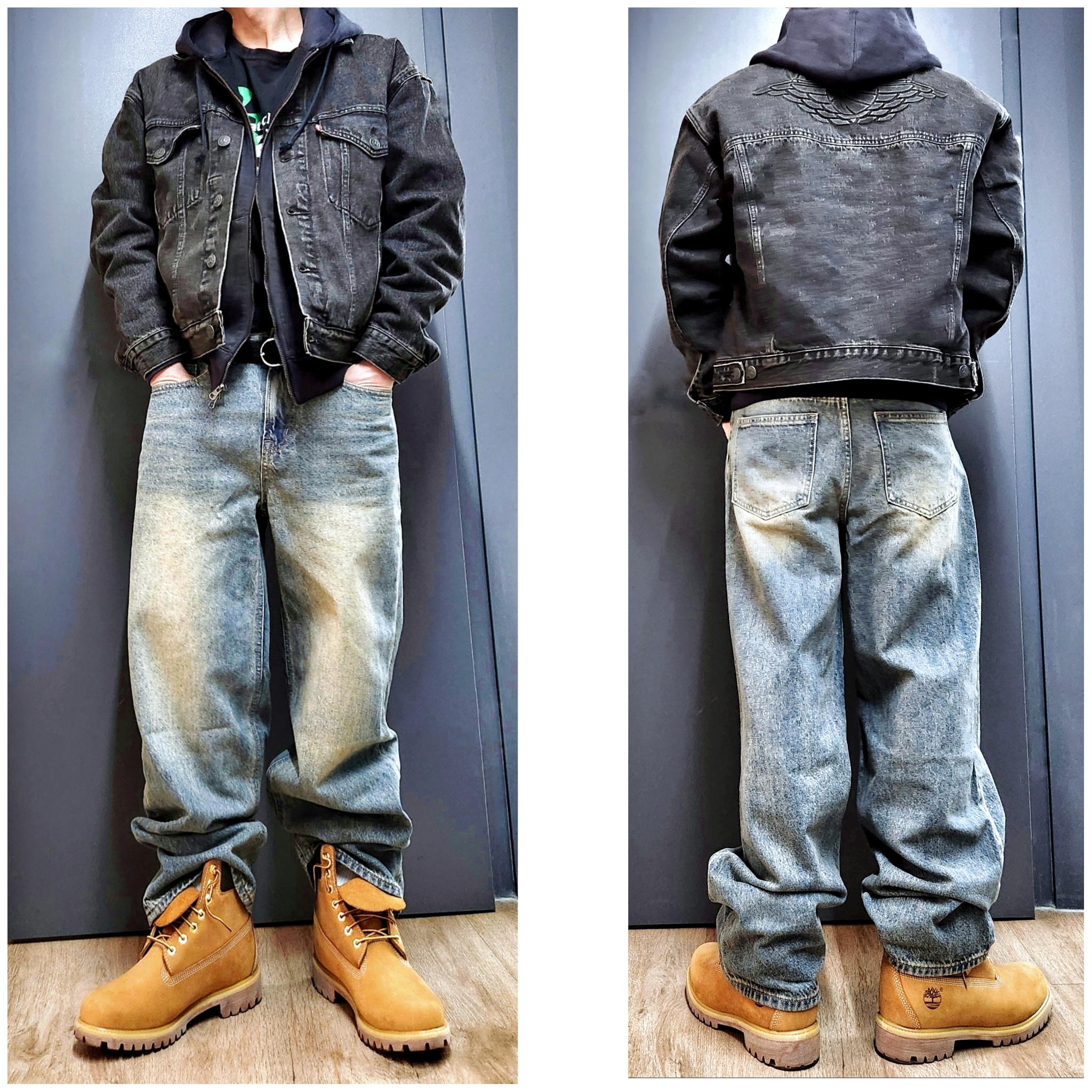 Levi's x Jordan Type III Trucker Black, Jordan x Levi's Full Zip Hoodie Black (IM6734-010) 착용 스타일 - 1