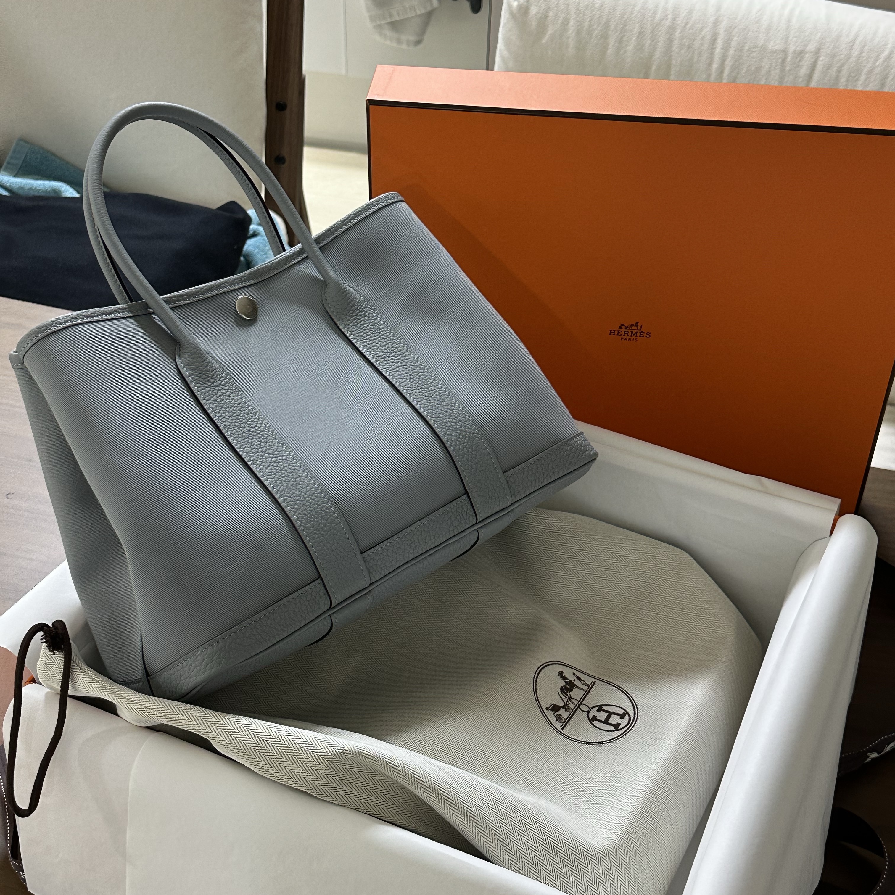 Hermes Garden Party 30 Bag Officier Negonda & Palladium Gris Pantin 착용 스타일