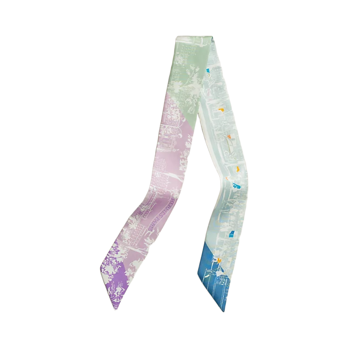 H062910S02 (W) Hermes A L'Ombre Des Boulevards Twilly Silk & Mauve Vert Blanc