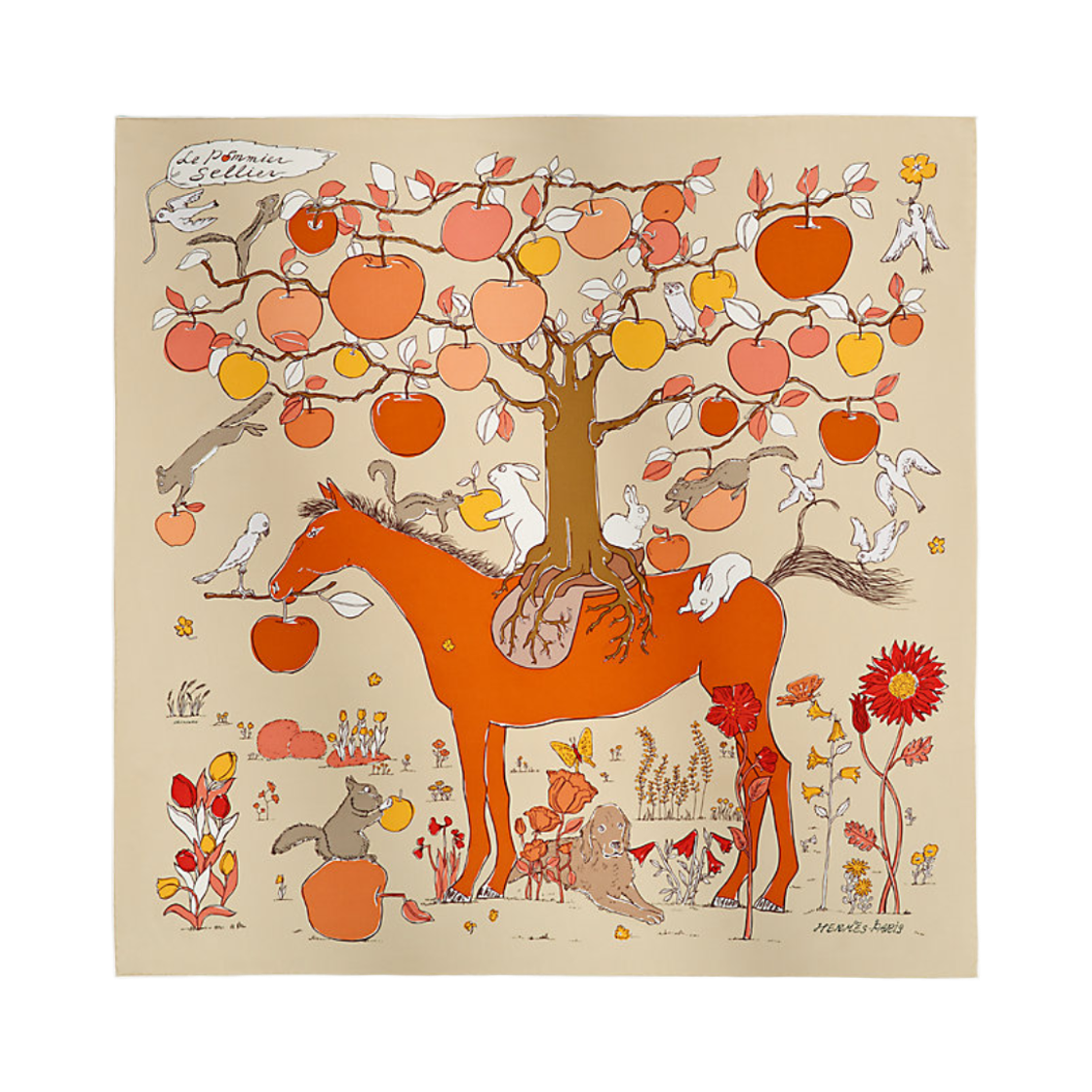 H004307S03 (W) Hermes Le Pommier Sellier Scarf 90 Silk Twill & Beige Orange Cuit Blanc