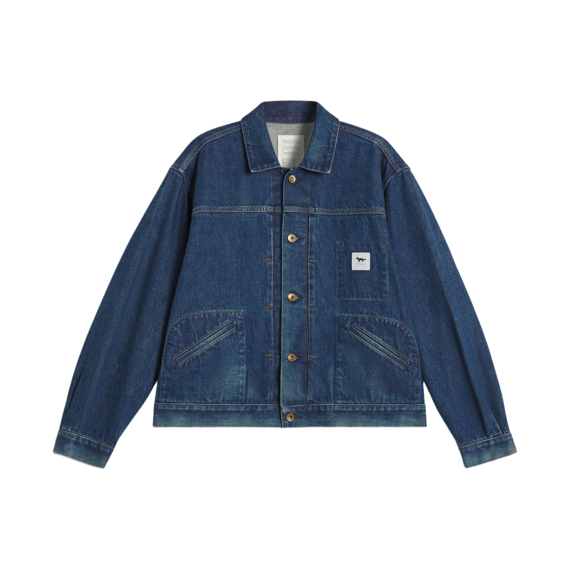 메종 키츠네 x 쿠로 셀비지 보이지 데님 자켓 페이디드 인디고(Maison Kitsune x Kuro Selvedge Voyage Denim Jacket Faded Indigo)