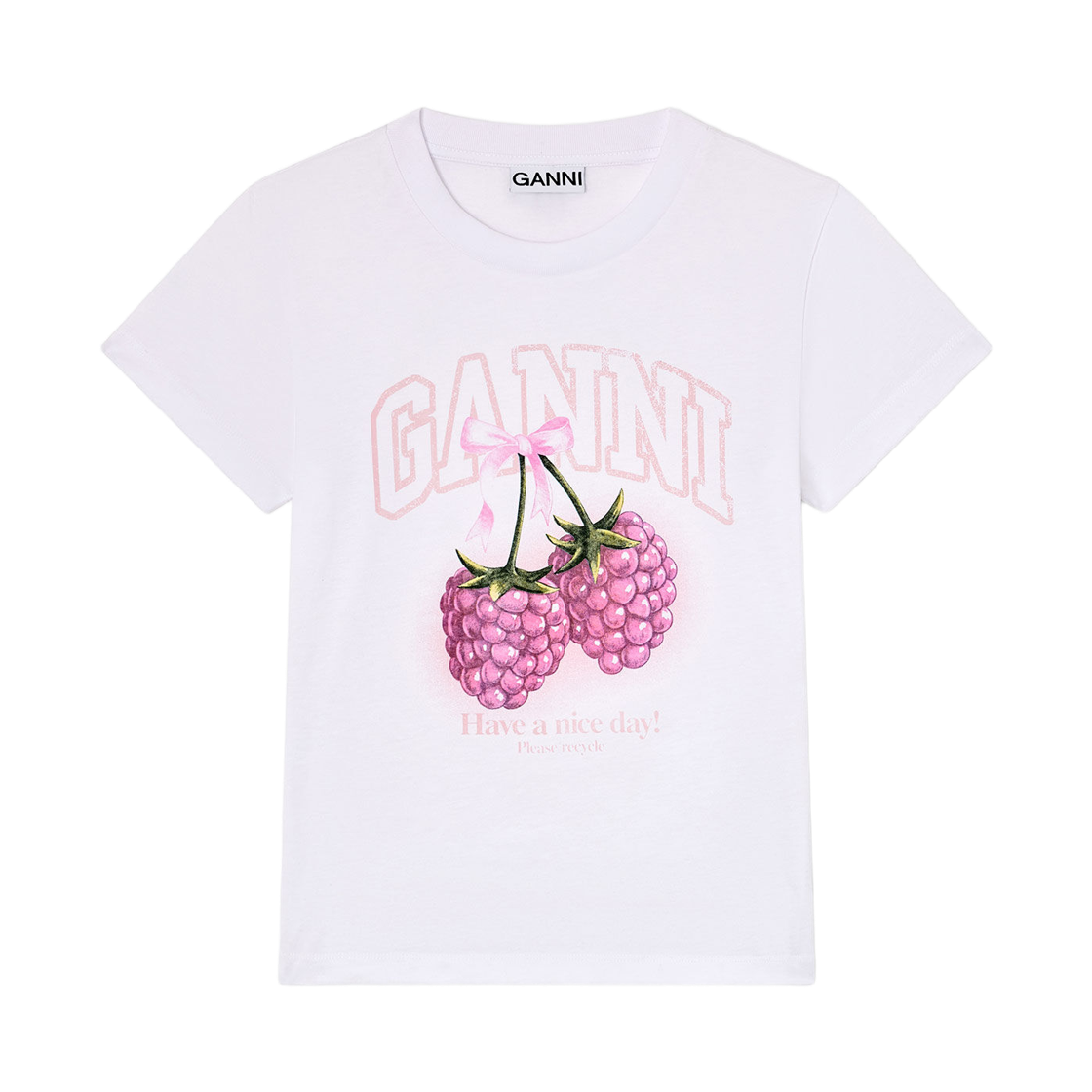 (W) 가니 라즈베리 베이비 핏 티셔츠 브라이트 화이트((W) Ganni Baby Fit T-Shirt with Raspberry Bright White)