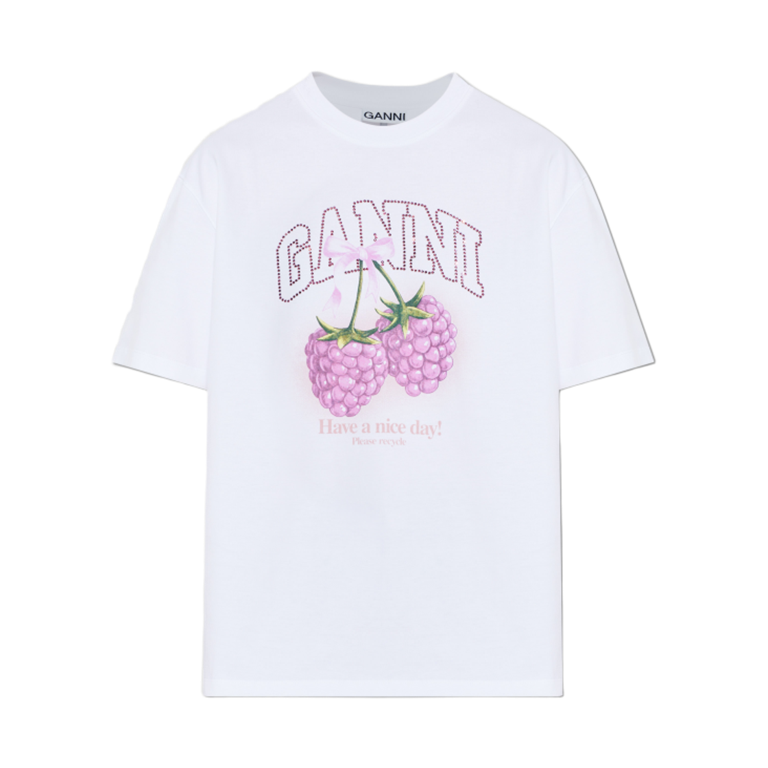 (W) 가니 헤비 코튼 저지 라즈베리 티셔츠 브라이트 화이트((W) Ganni Heavy Cotton Jersey Raspberry T-Shirt Bright White) - 1