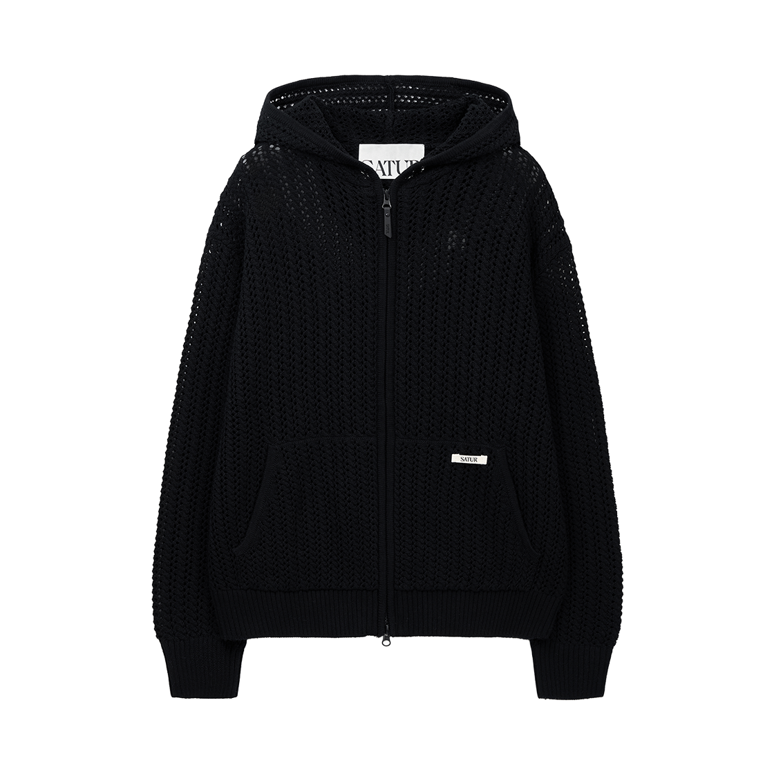 세터 크로셰 니트 후드 집업 블랙(SATUR Crochet Knit Hood Zip-up Black)