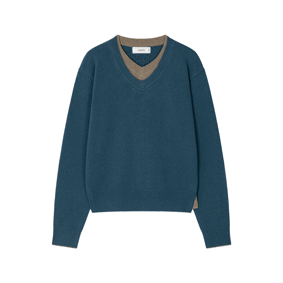 웨이비니스 더블 레이어드 브이넥 니트 터콰이즈 브라운(Waviness Double Layered V-Neck Knit Turquoise Brown)