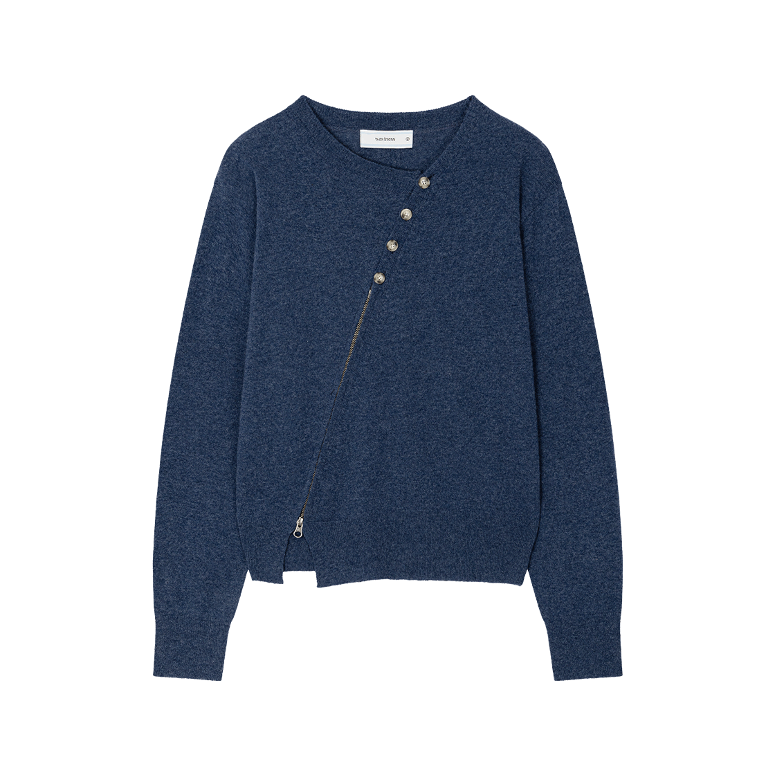 웨이비니스 트위스티드 버튼 집업 니트 데님 블루(Waviness Twisted Button Zip-Up Knit Denim Blue)