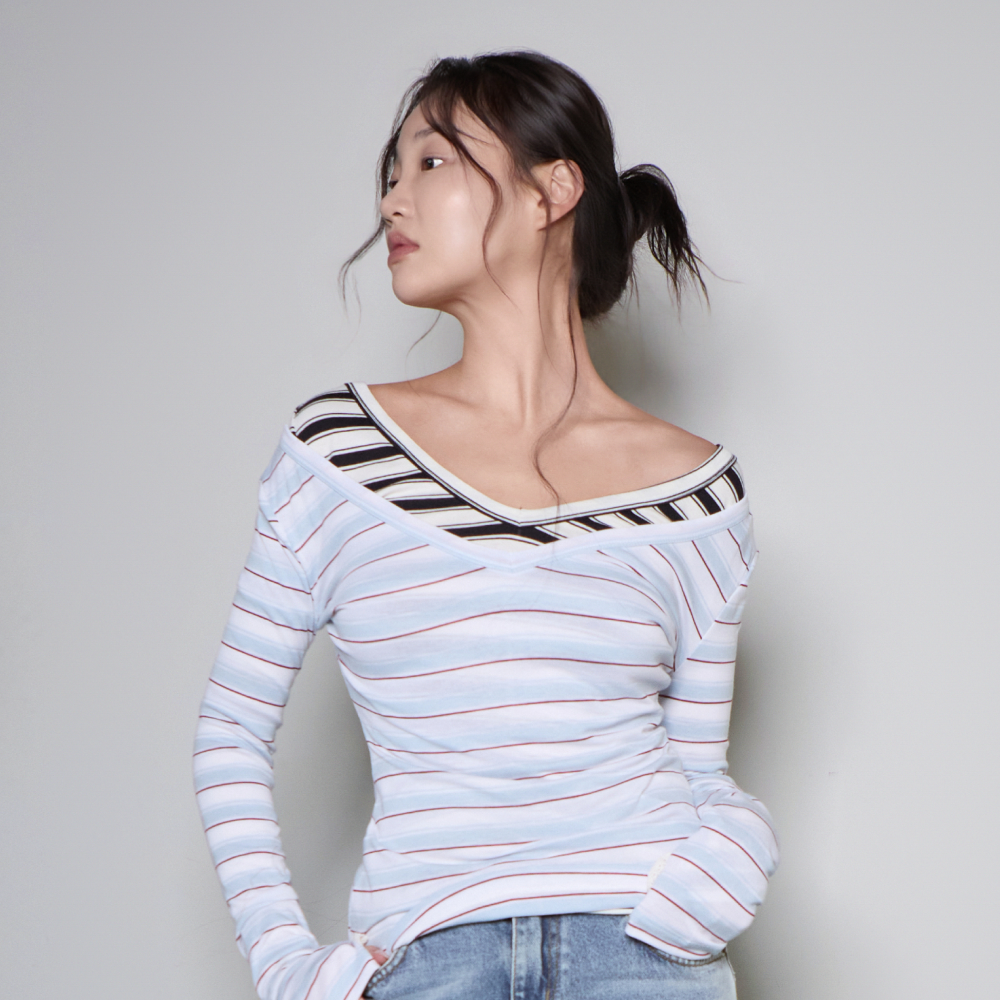 디스이즈파인 슬림 브이넥 스트라이프 티 스카이스트라이프(THIS IS FINE Slim V-neck Stripe Tee Sky Stripe) - 2