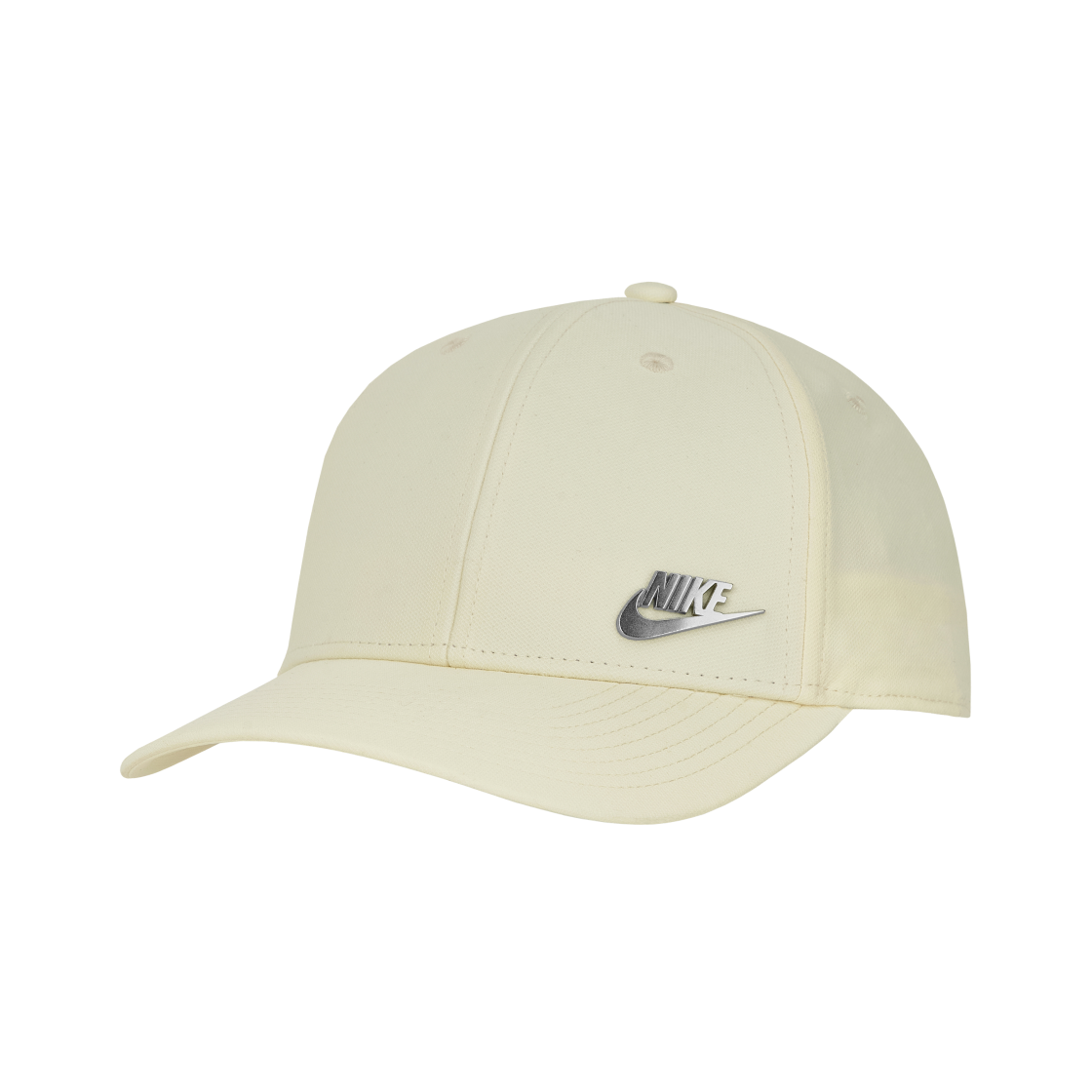 FB5371-113 Nike Dri-Fit Club Structured Metal Logo Cap Coconut Milk Metallic Silver