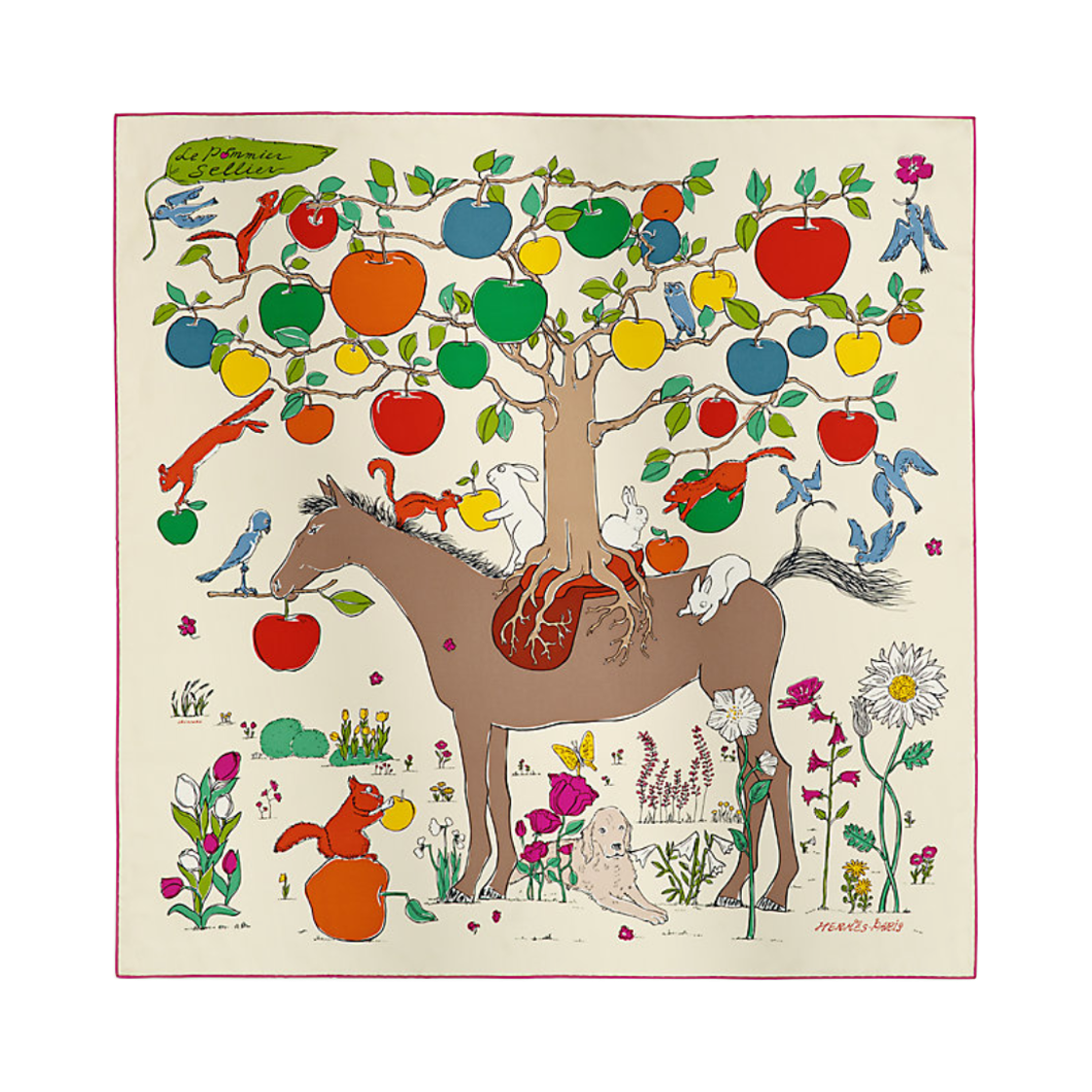 (W) 에르메스 르 포미에 셀리에 스카프 90 실크 트윌 & 크렘 베르 멀티꼴로르((W) Hermes Le Pommier Sellier Scarf 90 Silk Twill & Creme Vert Multicolore) - 1