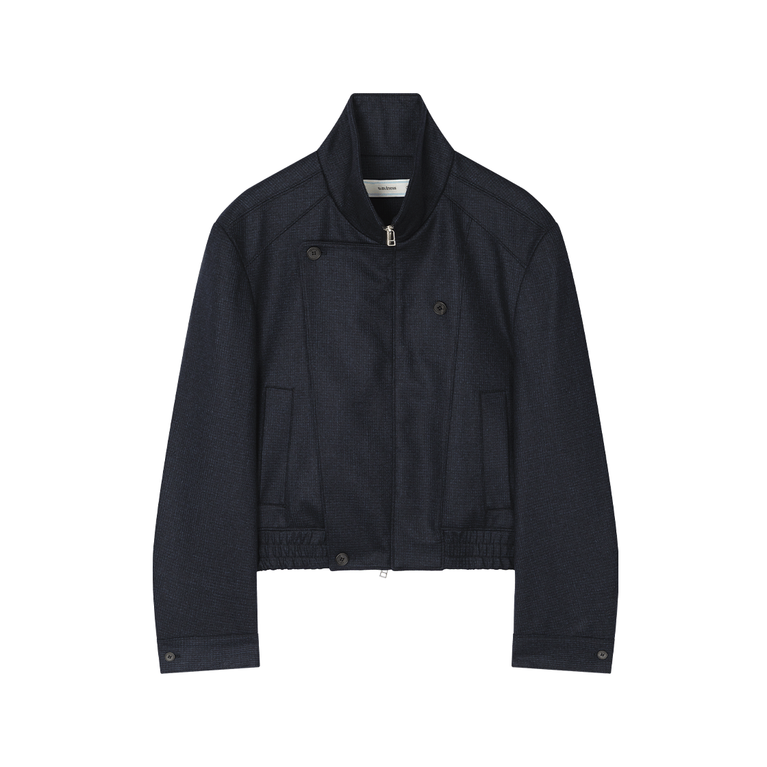 웨이비니스 어시메트리 하이넥 울 재킷 네이비(Waviness Asymmetry High-Neck Wool Jacket Navy)