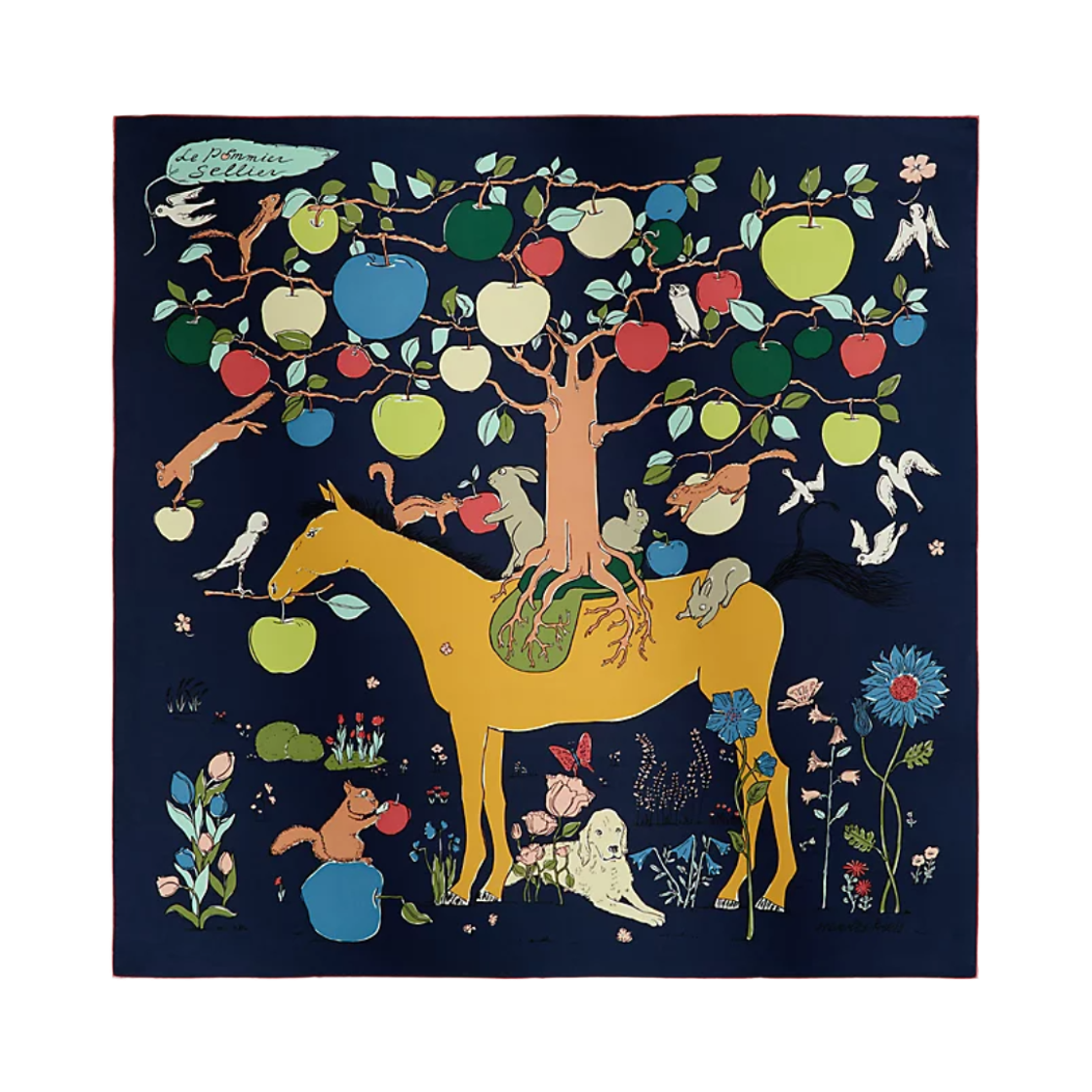 H004307S10 (W) Hermes Le Pommier Sellier Scarf 90 Silk Twill & Bleu Marine Mordore Vert