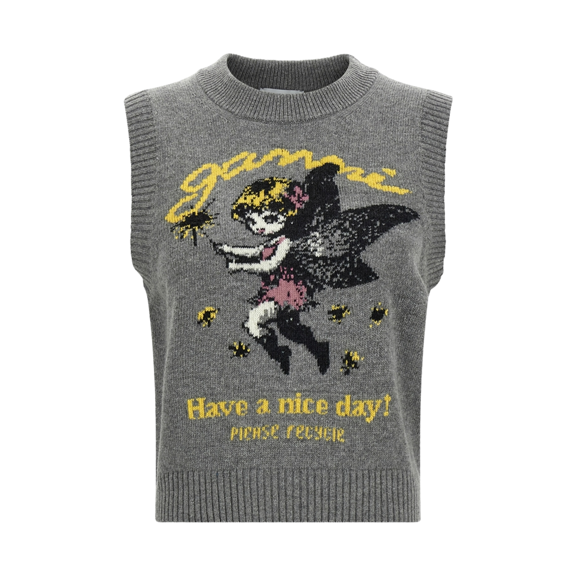 A1070269-920 (W) Ganni Graphic Intarsia Knit Vest Grey
