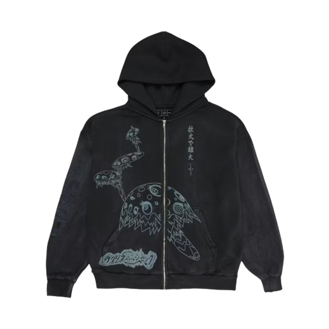 트래비스 스캇 캑터스 잭 × 프라그먼트 × 무라카미 다카시 리본 집 후드 블랙(Travis Scott Cactus Jack x Fragment x Takashi Murakami Reborn Zip Hoodie Black)