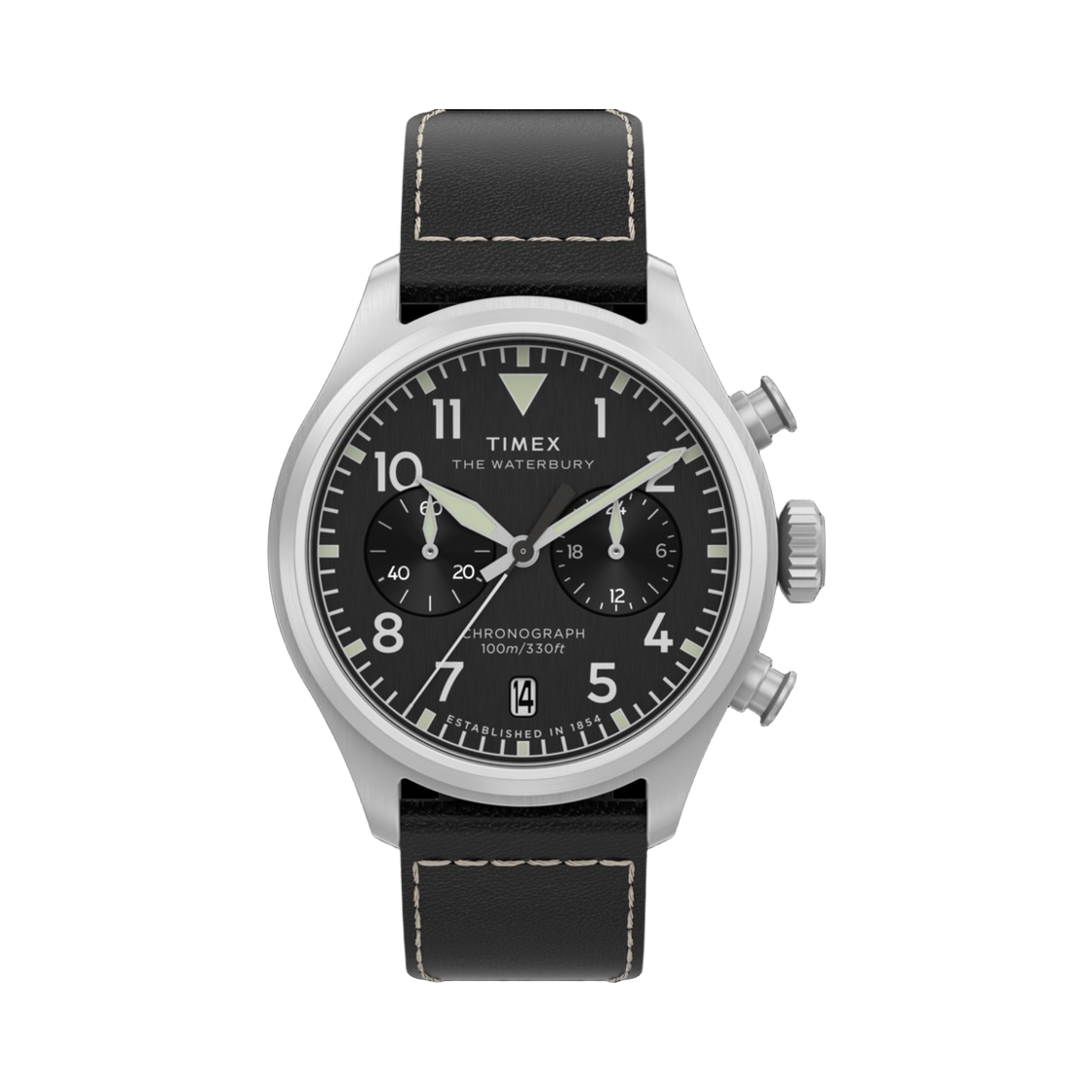 타이맥스 워터버리 에이스 크로노그래프 41mm 레더 스트랩 워치 스테인리스 스틸 블랙(Timex Waterbury Ace Chronograph 41mm Leather Strap Watch Stainless Steel Black)