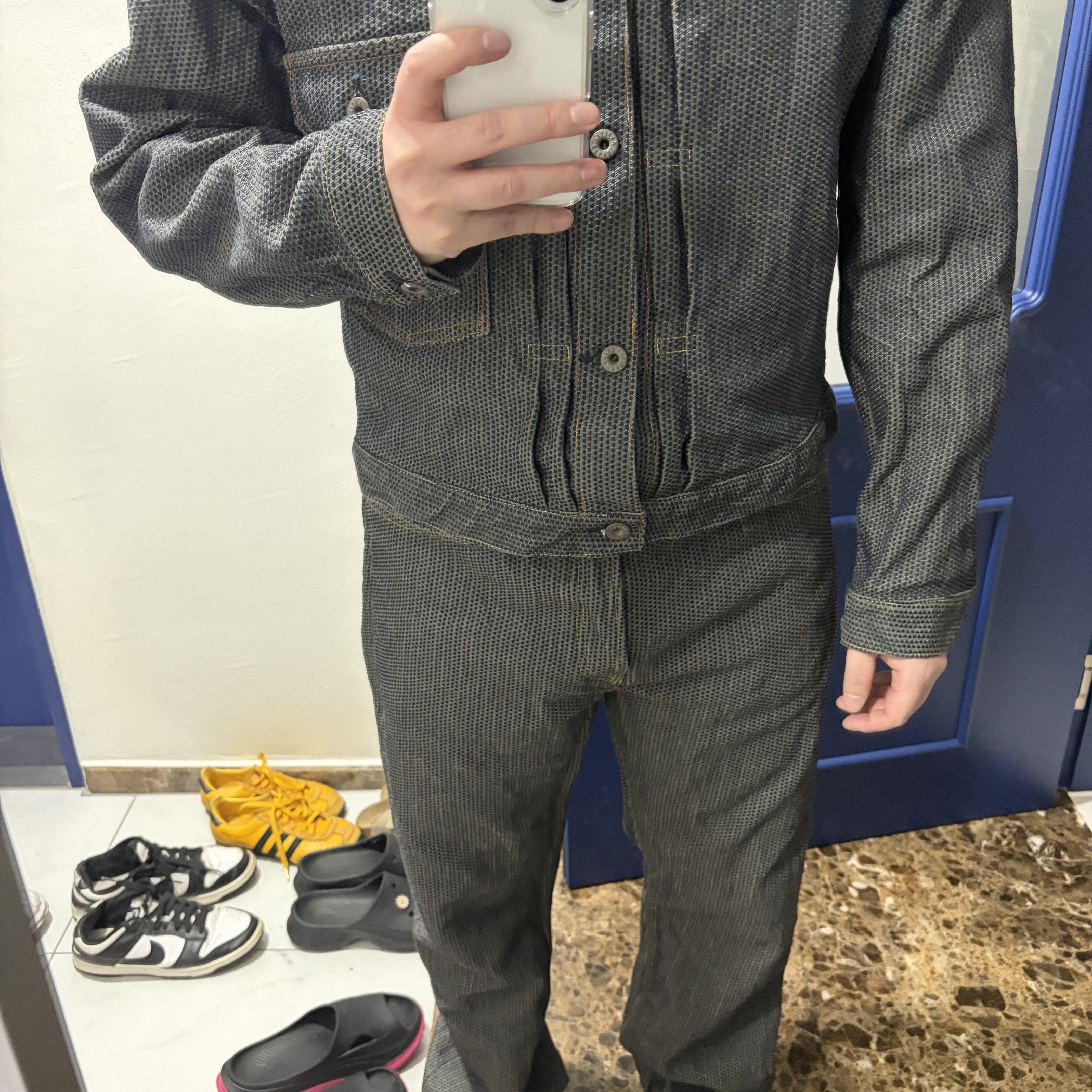 Kapital Century Denim 1st Jacket N7S Charcoal Indigo, Kapital Century Denim 5P Monkey Cisco No.7 N7S Charcoal Indigo 착용 스타일