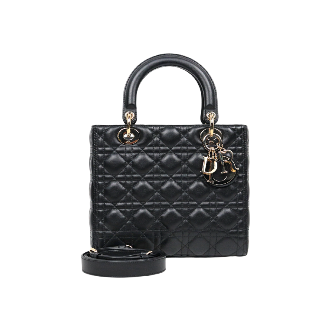 디올 블랙 레더 미듐 레이디 2WAY백 C-A50649(Dior Black Leather Medium Lady 2-Way Bag C-A50649)