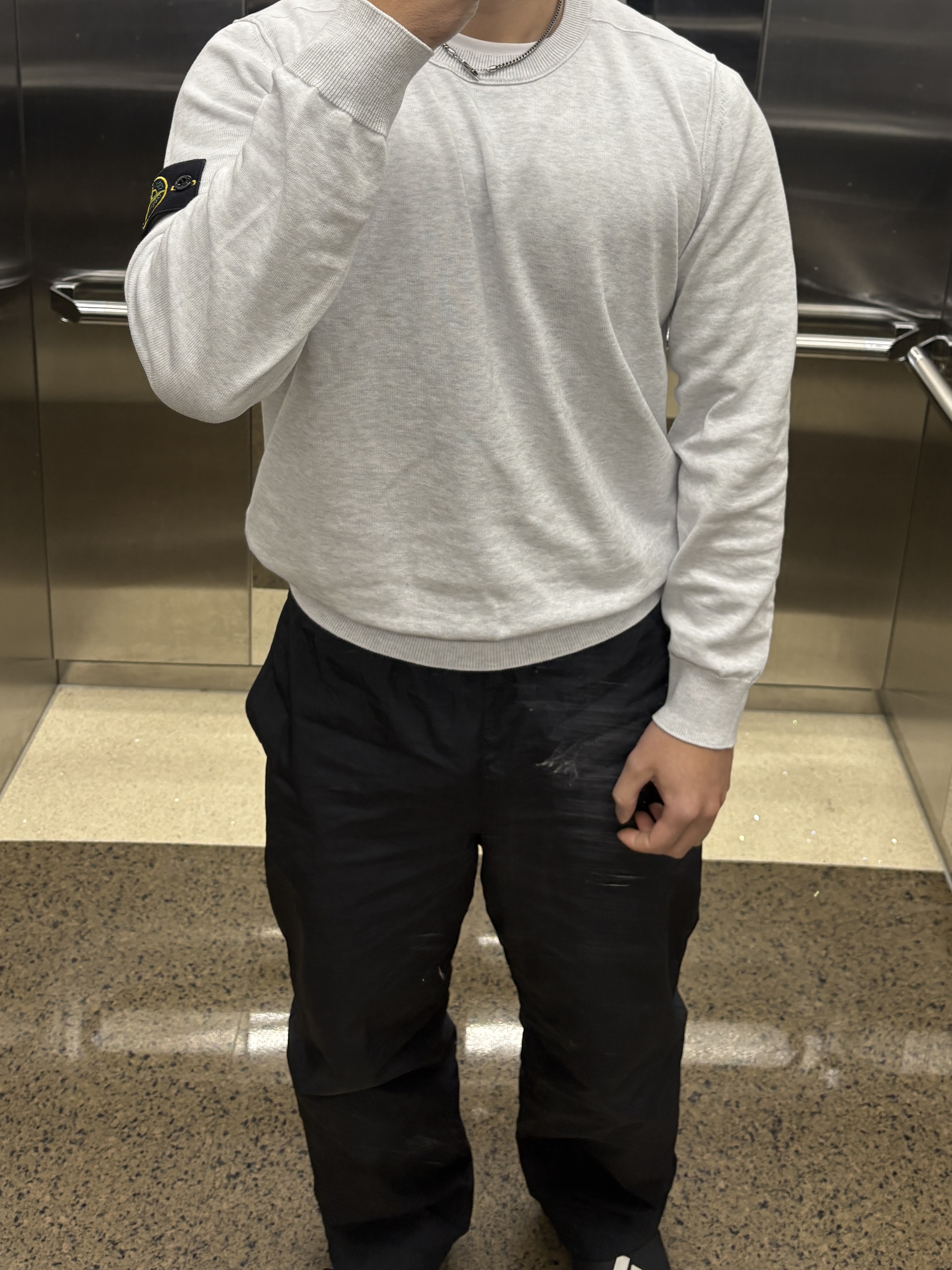 Stone Island 540B2 Soft Cotton Crewneck Knit Melange Grey - 23SS, Diesel Dx1552040 Stainless Steel Chain Necklace Silver Black 착용 스타일