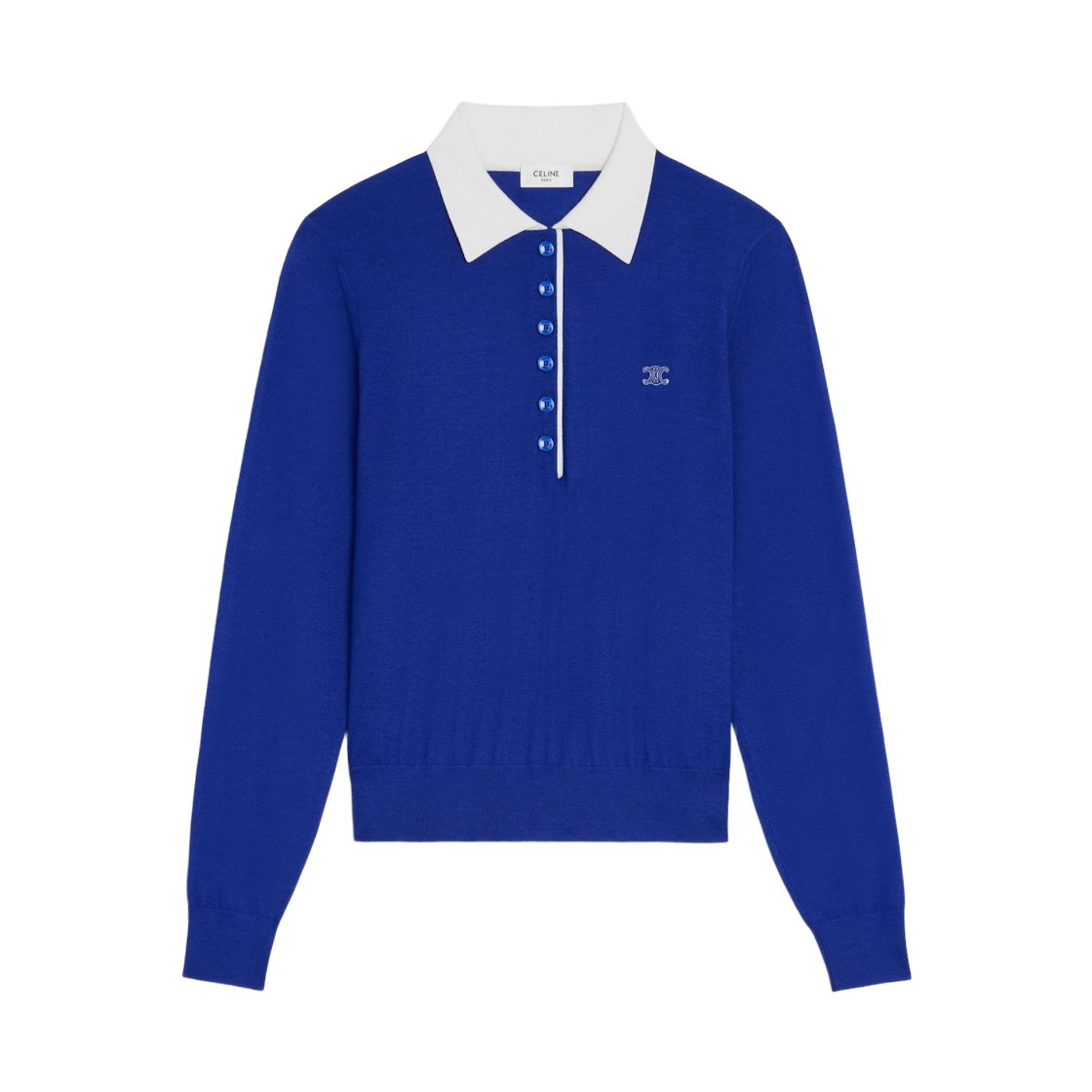 RX0FD0W27-GDT9 (W) Celine Polo Sweater in Fine Cashmere Silk Royal Blue White