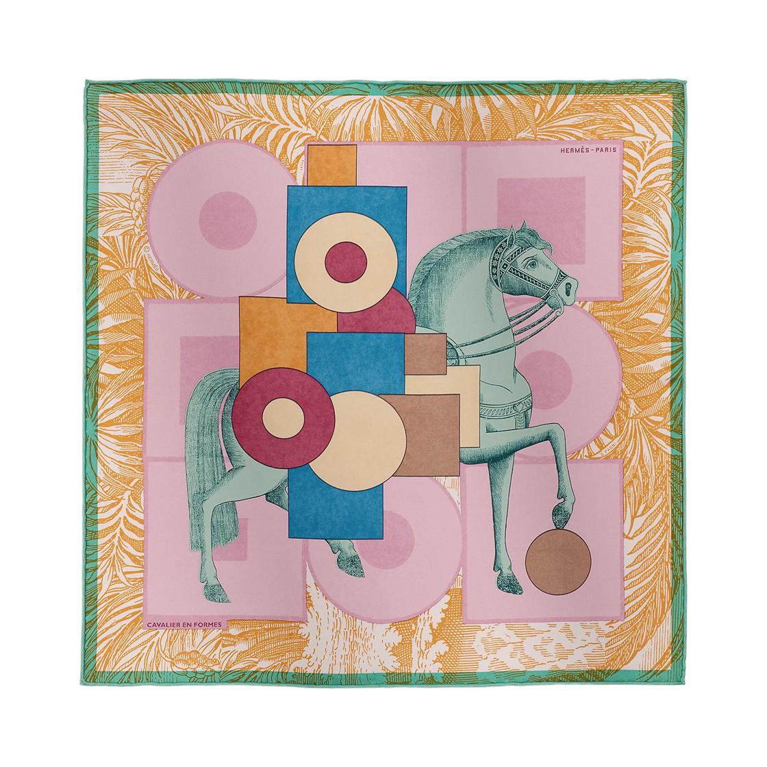 (W) 에르메스 카발리에레 엔 폼 스카프 45 로즈 뷔바르 베르 베로네제 블루((W) Hermes Cavalier En Formes Scarf 45 Rose Buvard Vert Veronese Bleu) - 1