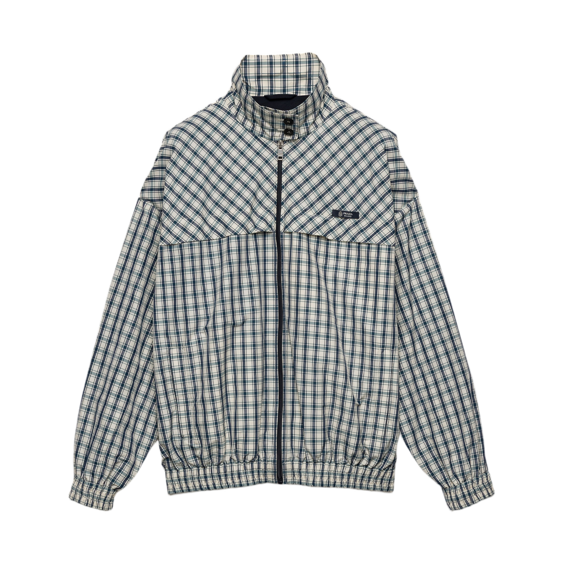 292358-188O-F0C56 (W) Prada Checked Chambray Blouson Jacket Ivory Blue
