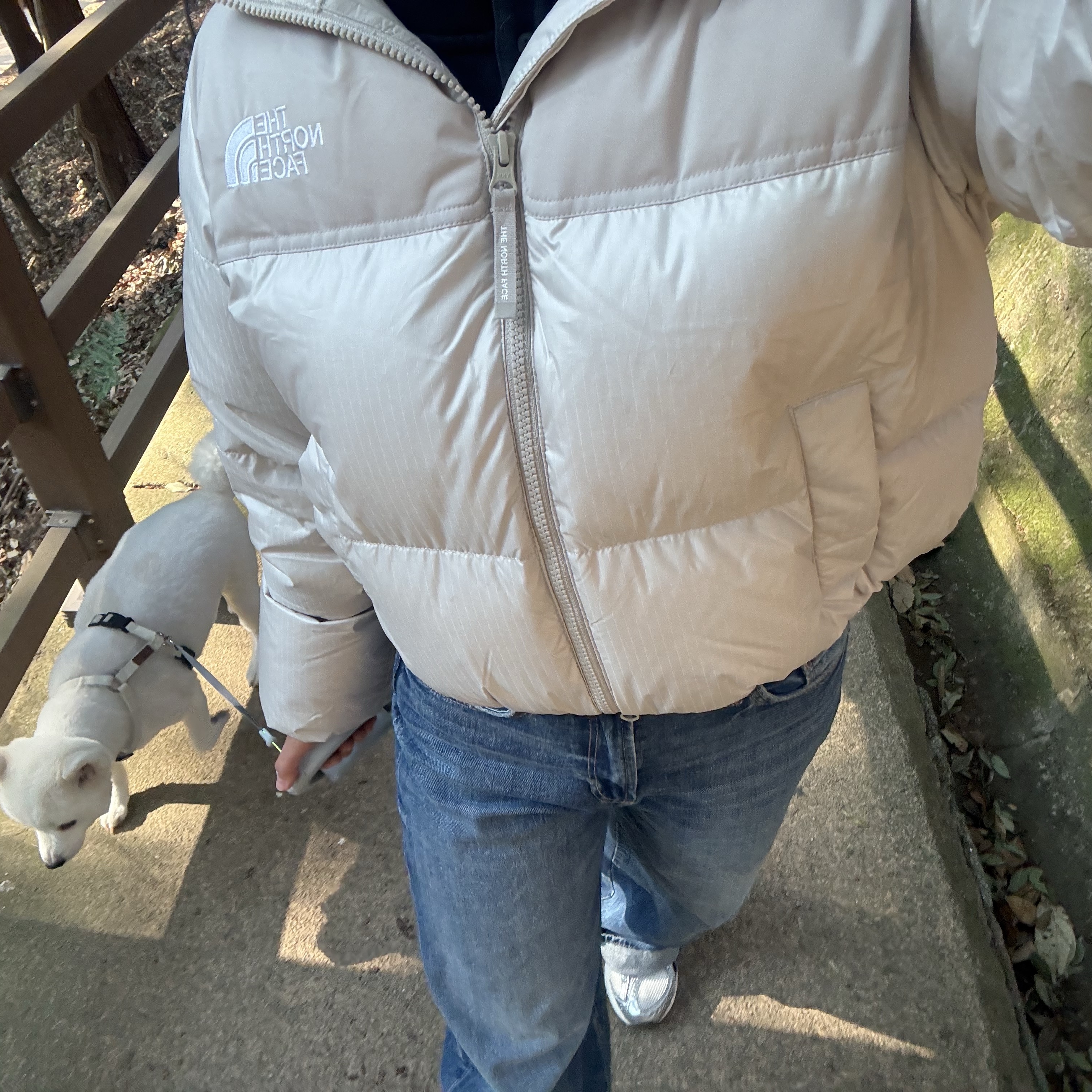 (W) The North Face White Label Novelty Nuptse Down Jacket Cream Beige 착용 스타일 - 1