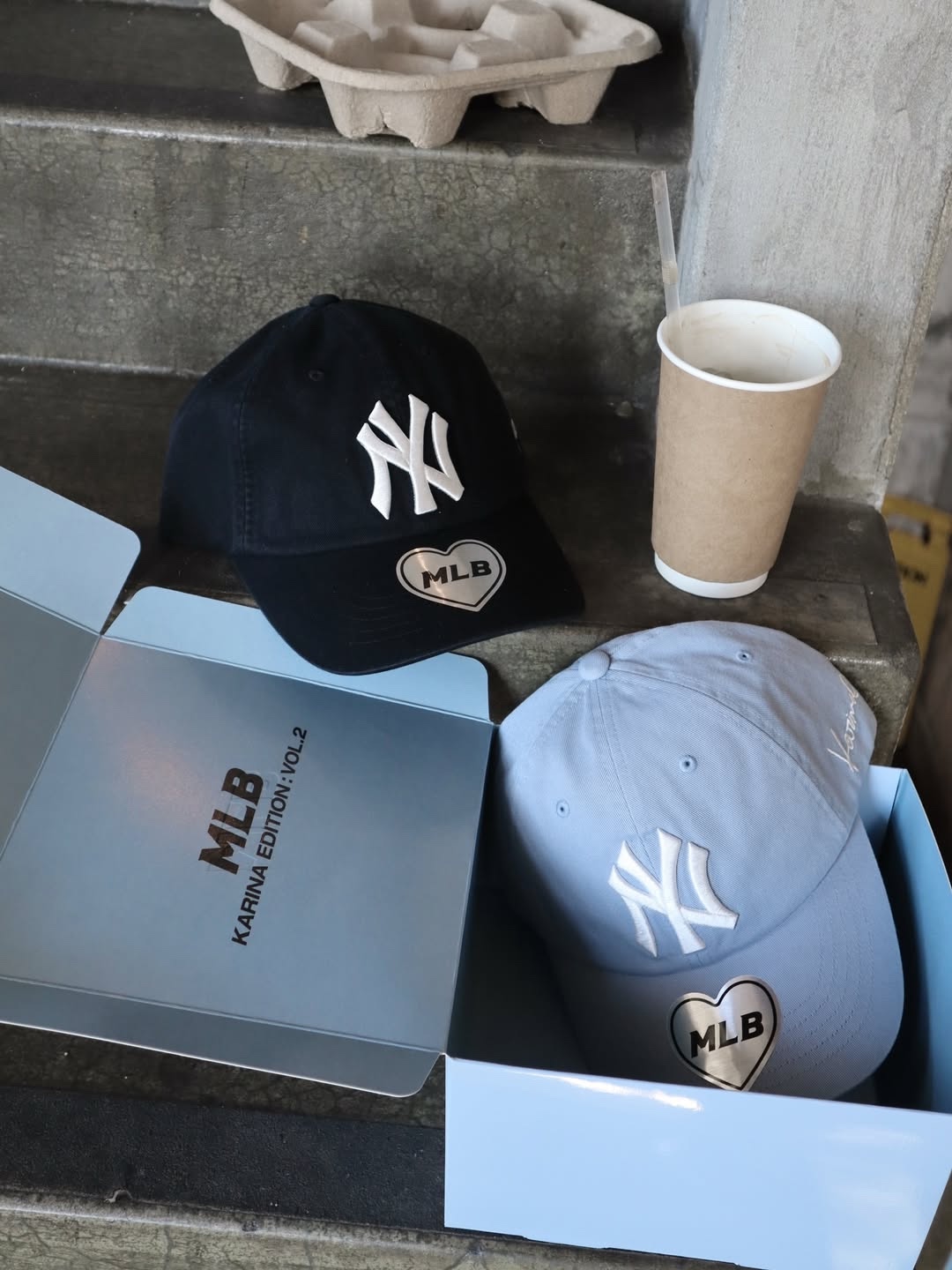 MLB x Karina Signature Unstructured Ball Cap Black, MLB x Karina Signature Unstructured Ball Cap Sky Blue 착용 스타일