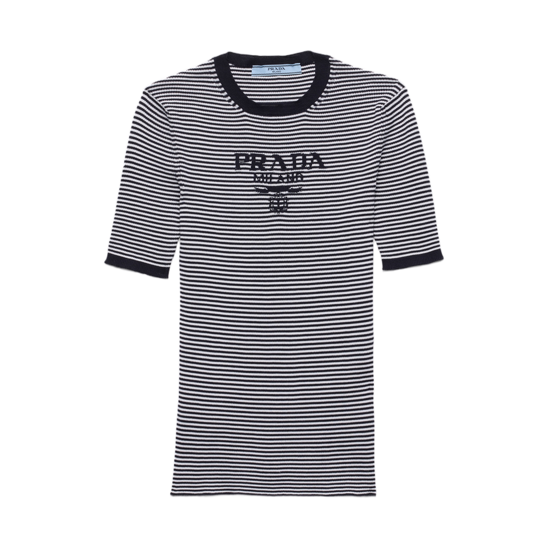 P24T1F-19BV-F022X (W) Prada Striped Silk Crew-Neck Sweater Blue White