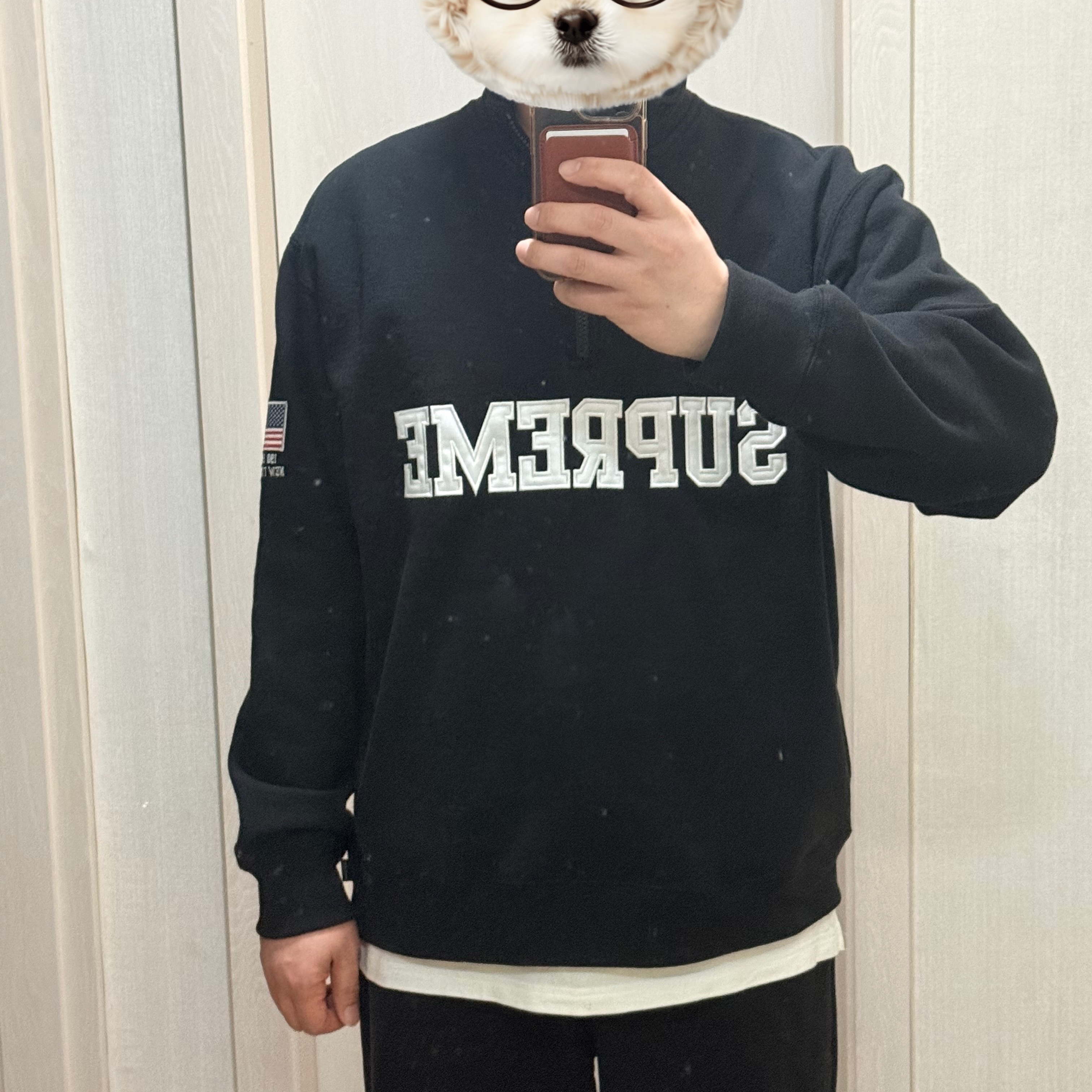 Supreme Shop Flag Half Zip Pullover Black New York - 26SS 착용 스타일 - 1
