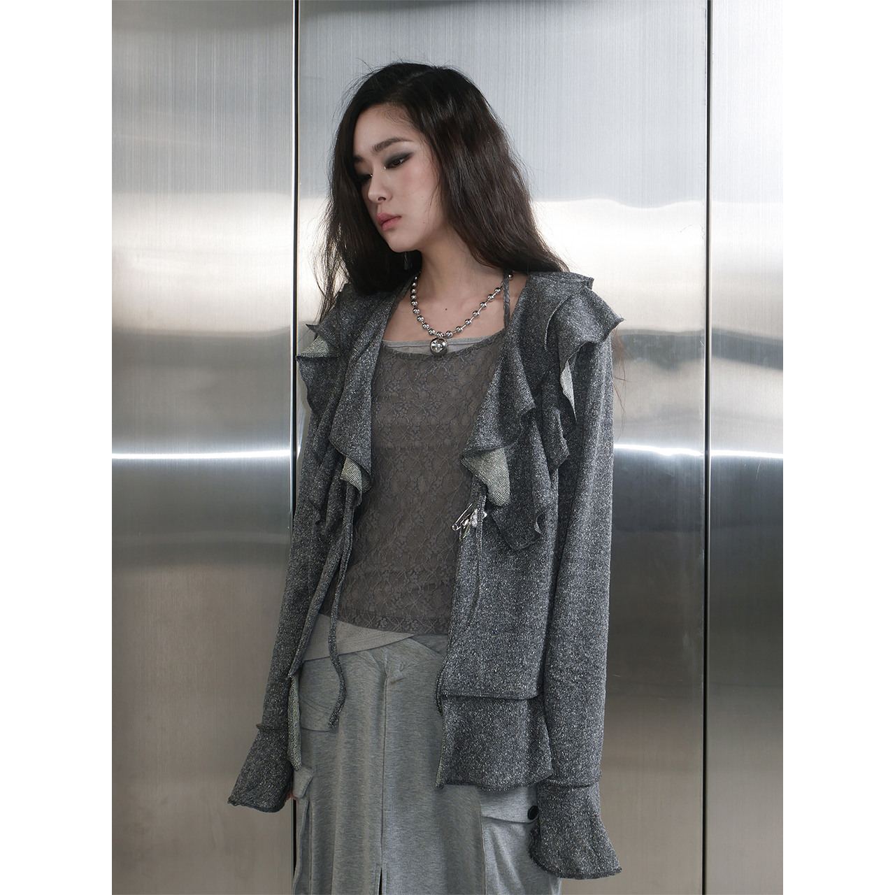 스틸레써디 러플 가디건 그레이(Still Lethardy Ruffle Cardigan Grey) - 5