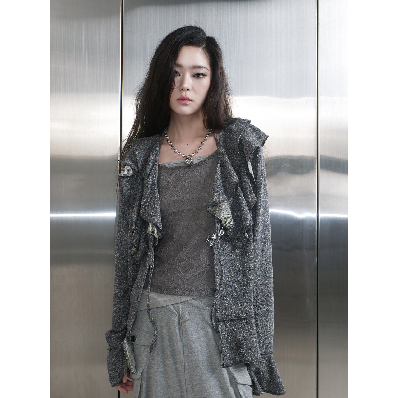 스틸레써디 러플 가디건 그레이(Still Lethardy Ruffle Cardigan Grey) - 3