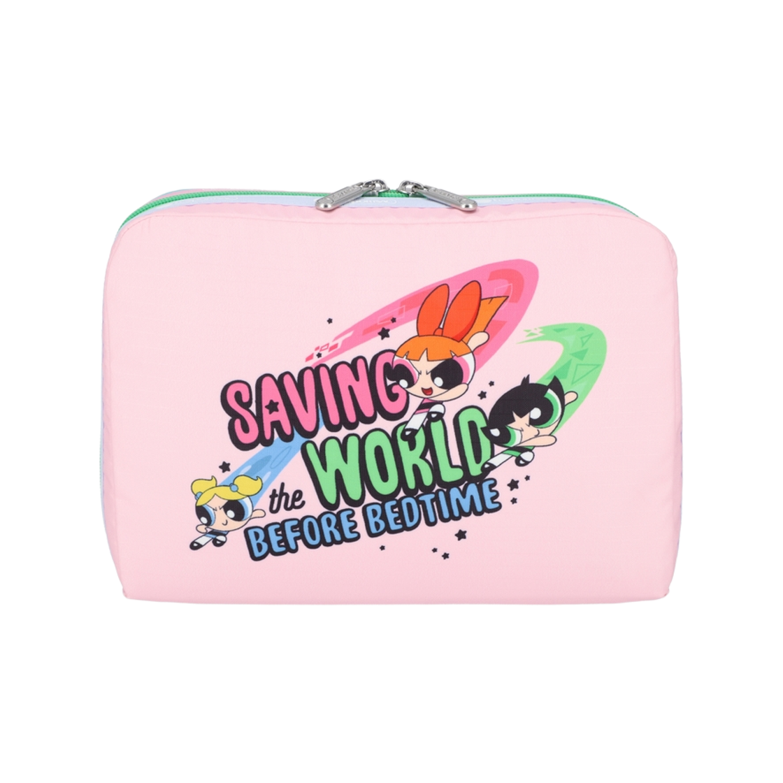 레스포색 파워퍼프걸 핑크/민트 엑스라지 렉탱귤러 코스메틱 파우치(Lesportsac PPG Pink/Mint Extra Large Rectangular Co)