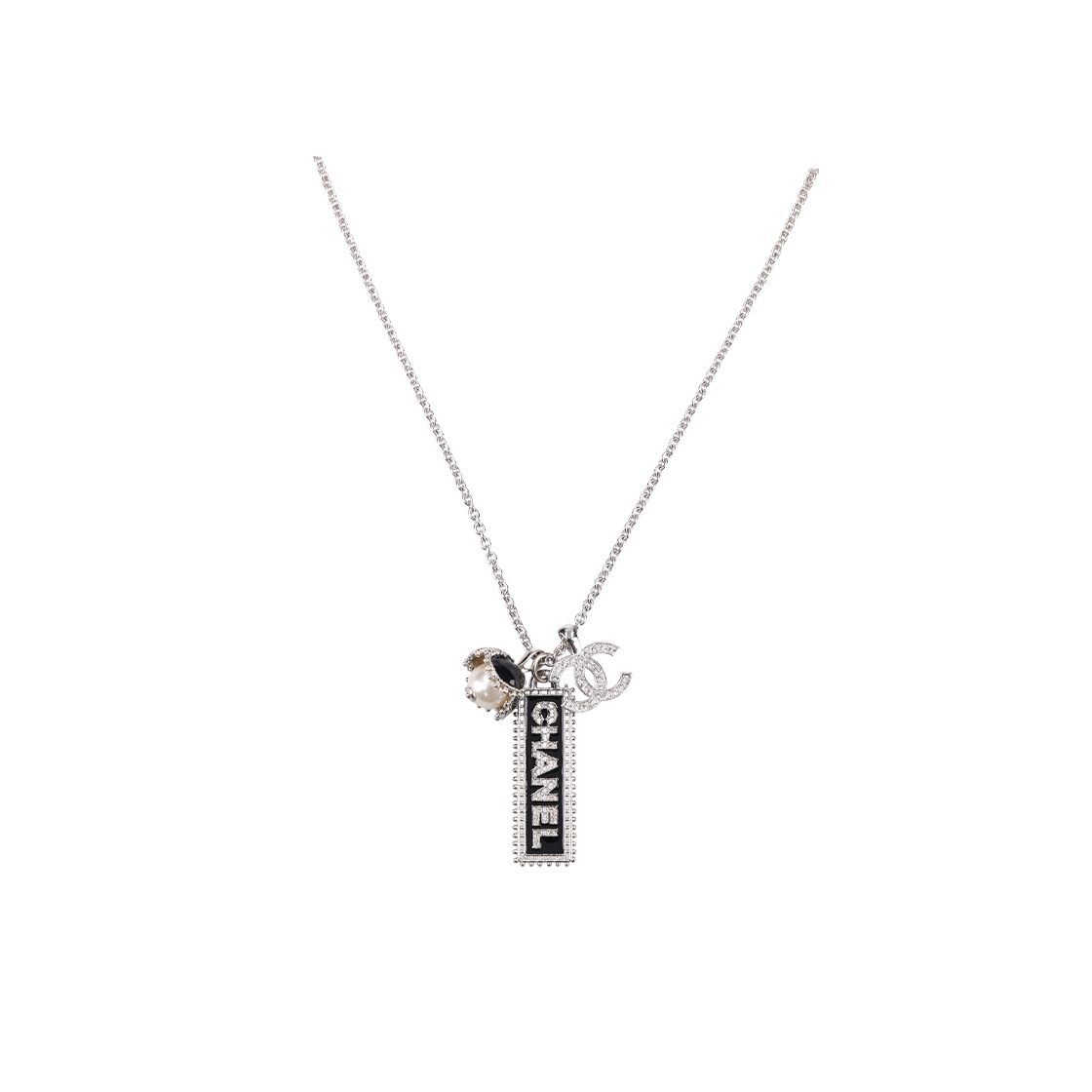 샤넬 ABC199 롱 펜던트 네클리스 메탈 이미테이션 펄 실버 블랙 펄리 화이트 크리스탈(Chanel ABC199 Long Pendant Necklace - Metal Imitation Pearl in Silver, Black, and White Crystal) - 1
