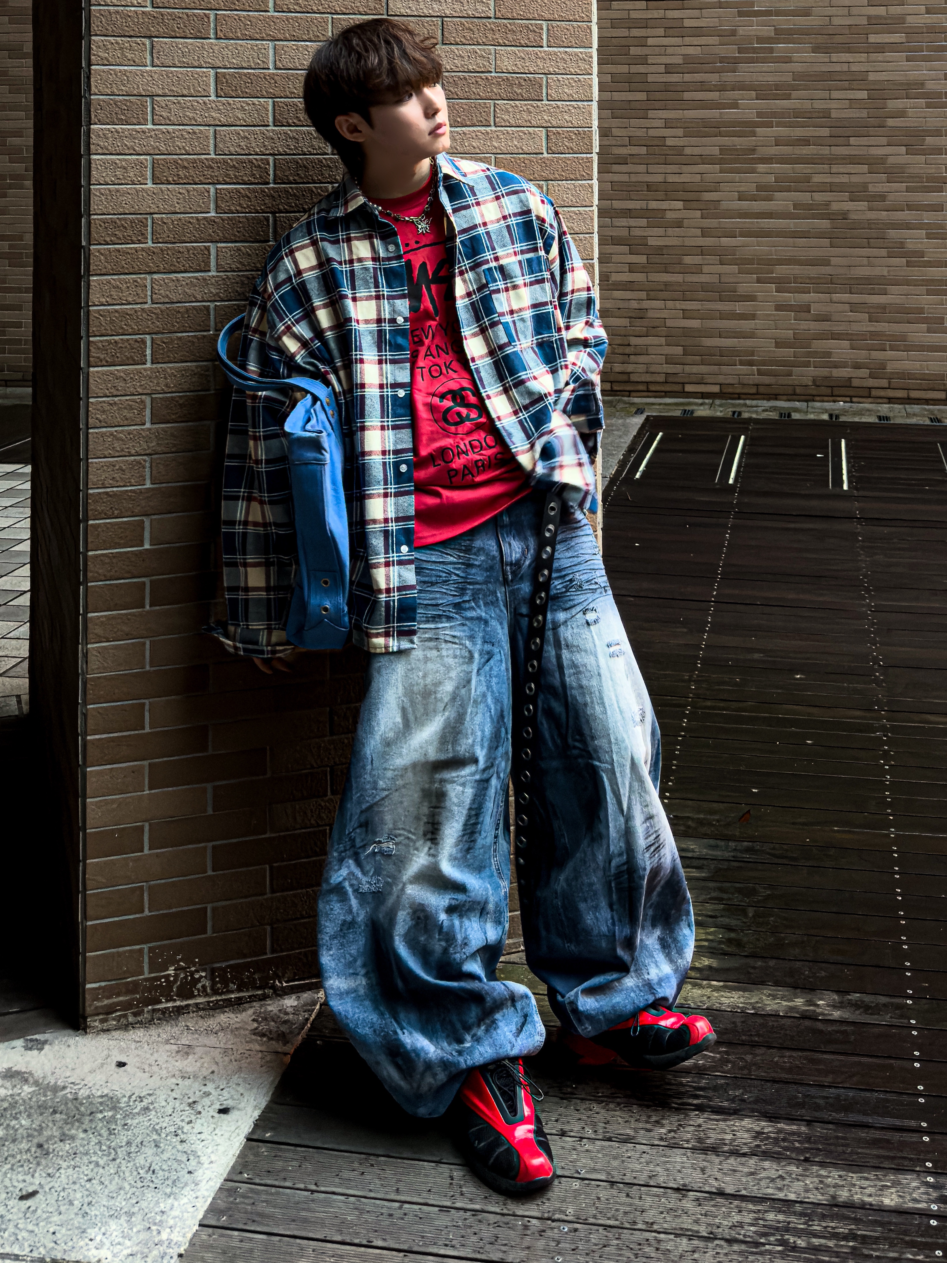 QT8 GARMENTS Rustic Core Flannel Check Shirt Blue 착용 스타일 - 1