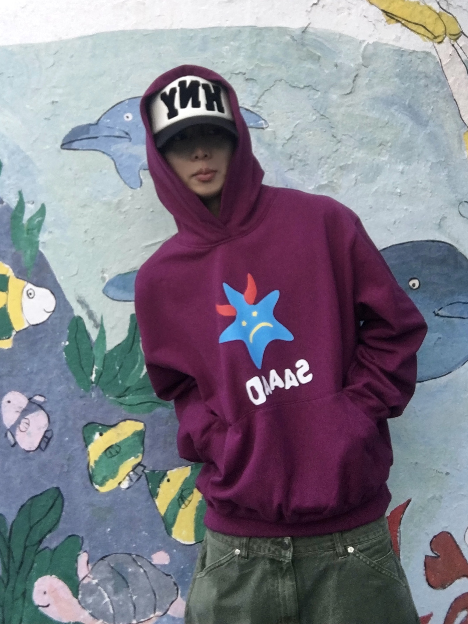 [더블적립] YESEYESEE Y.E.S Team Stadium Jacket Blue, [더블적립] YESEYESEE Flower Rivet Denim Pants Khaki Green 착용 스타일 - 5