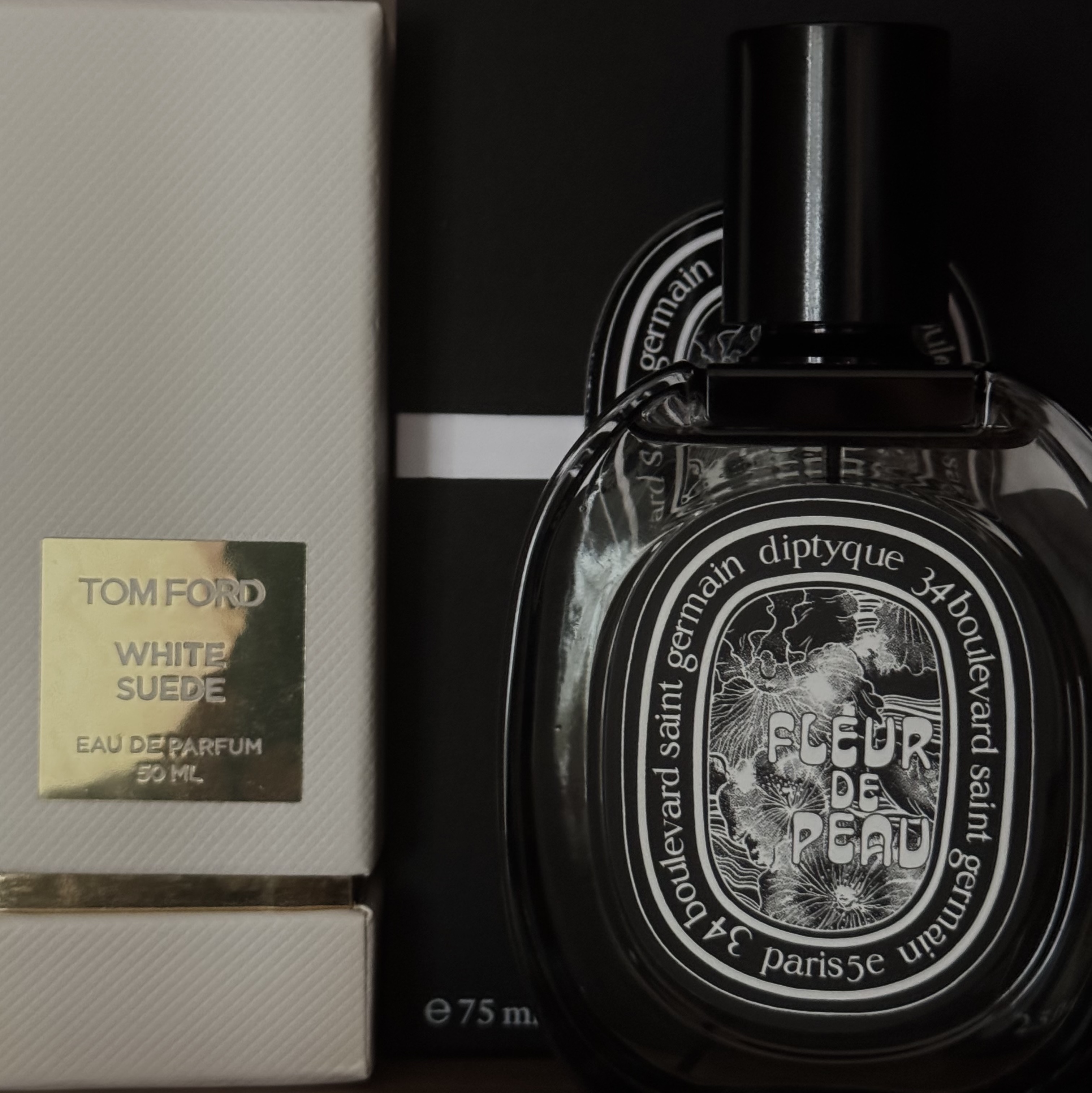 Diptyque Fleur De Peau Eau De Parfum 75ml, Tom Ford White Suede Eau De Parfum 50ml 착용 스타일