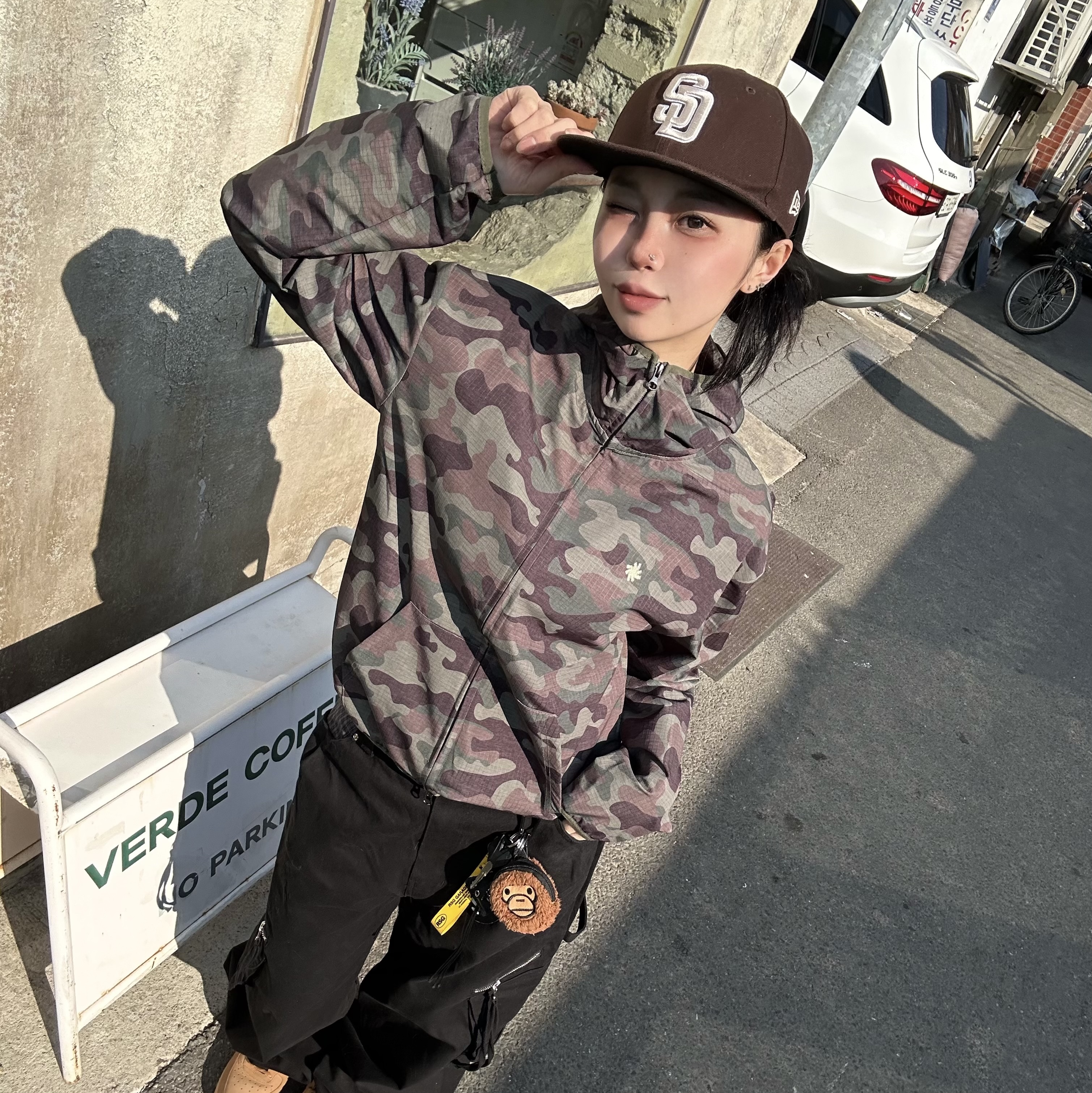 SLOW RECORD HOUSE Ripstop Camo Windbreaker Khaki 착용 스타일 - 1