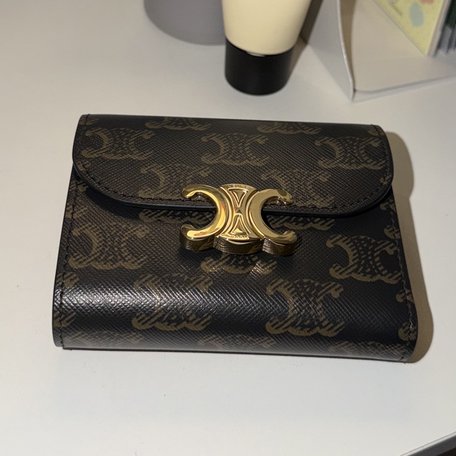 Celine Small Wallet Triomphe in Triomphe Canvas Tan 착용 스타일
