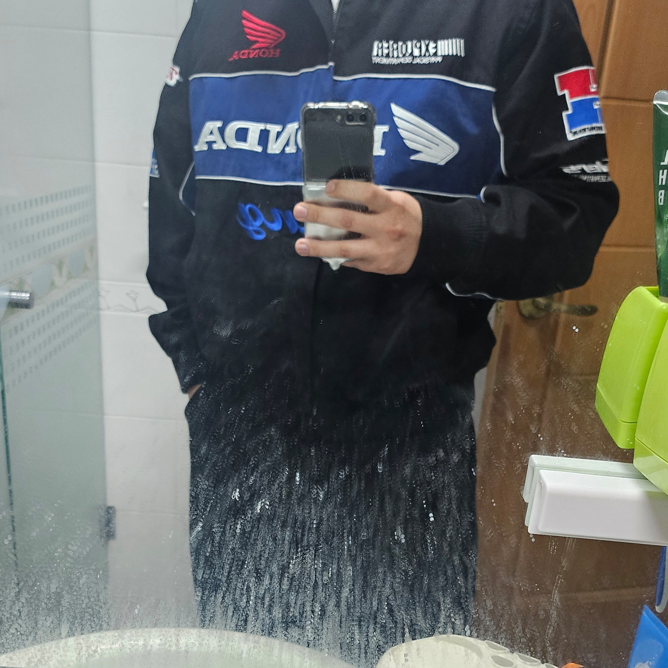 Honda Twill Multi Patch Motorcycle Jacket Black 착용 스타일