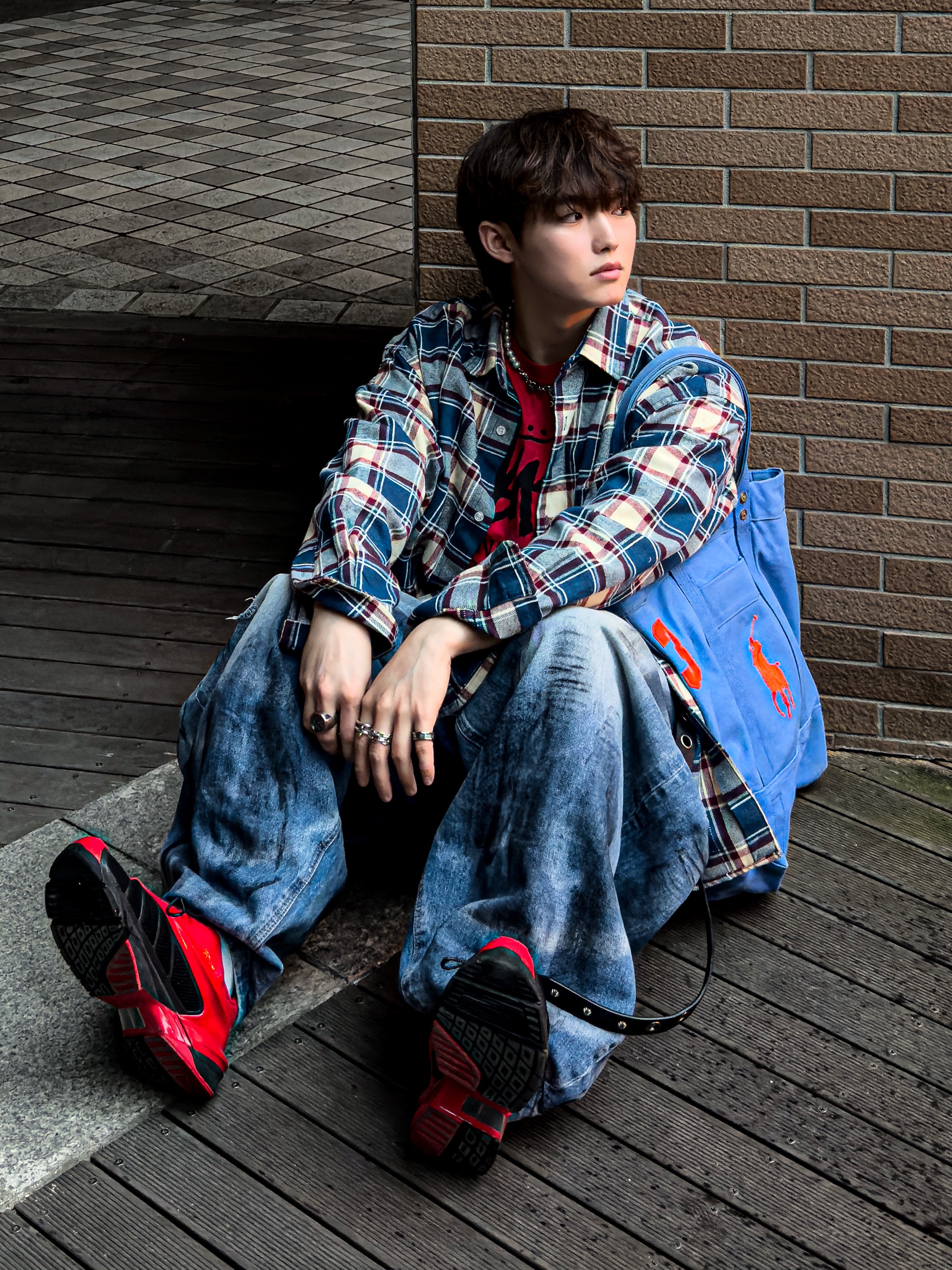 QT8 GARMENTS Rustic Core Flannel Check Shirt Blue 착용 스타일 - 3