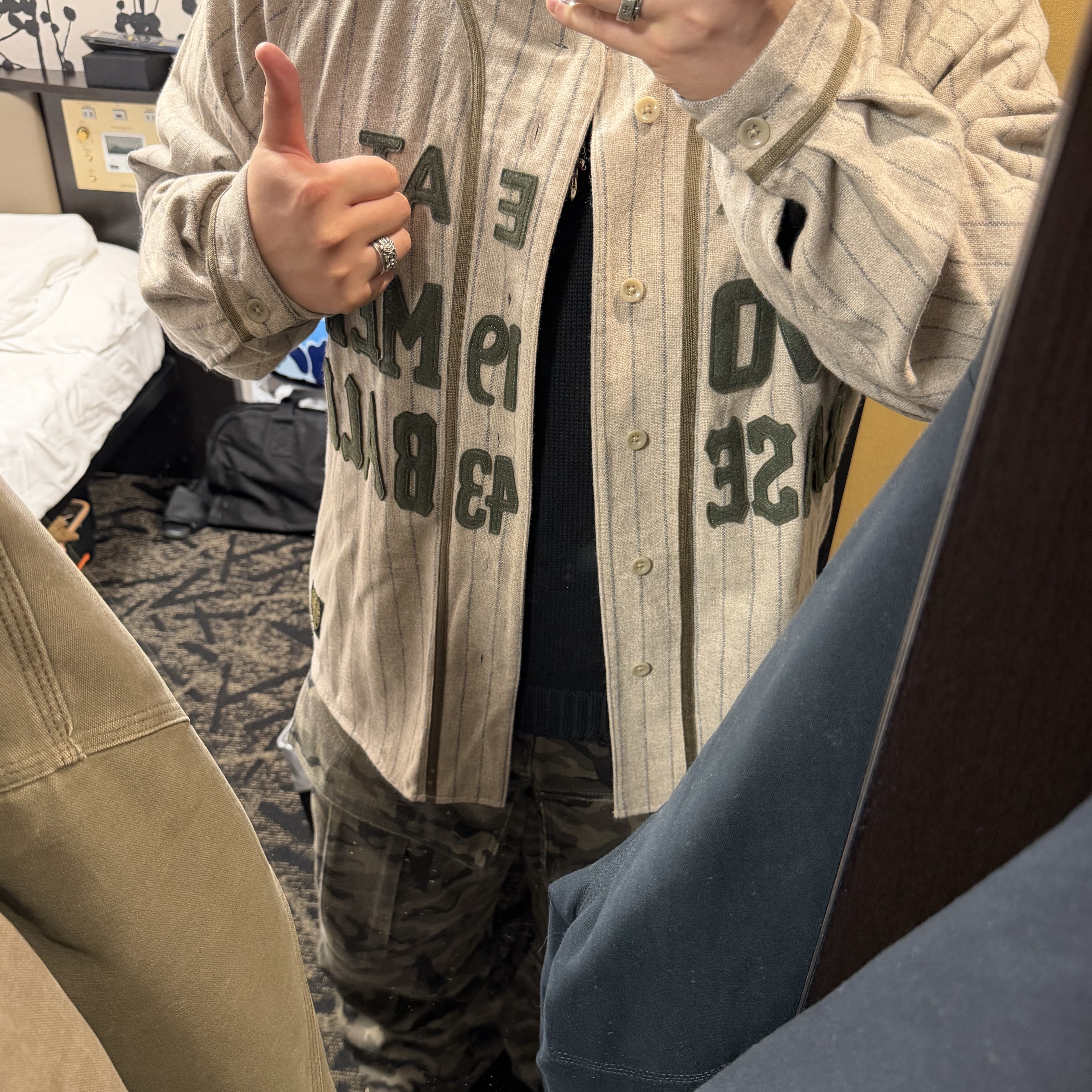 Kapital Great Women Baseball Long Sleeve Shirt In Thick Wool Stripes Beige 착용 스타일