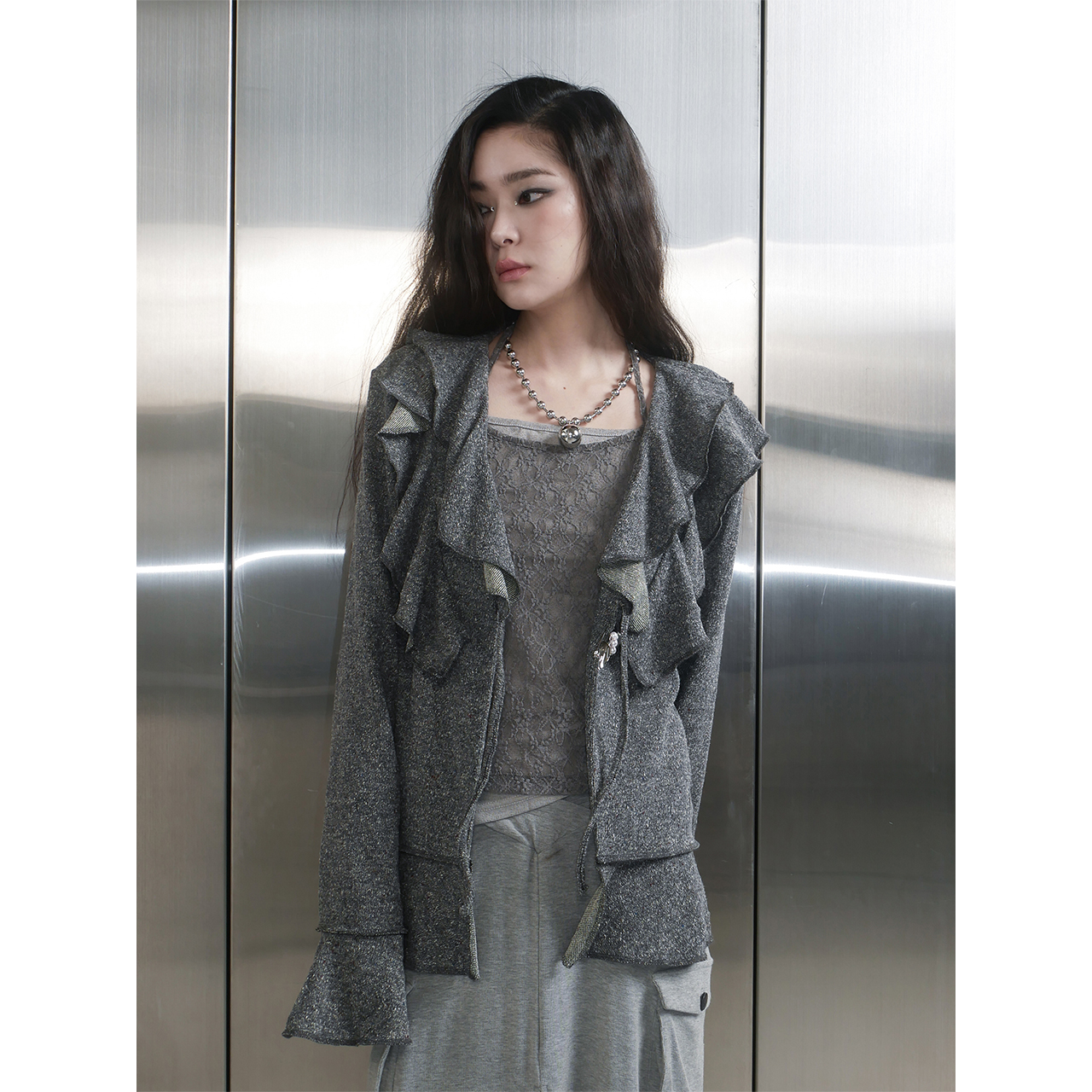 스틸레써디 러플 가디건 그레이(Still Lethardy Ruffle Cardigan Grey) - 4