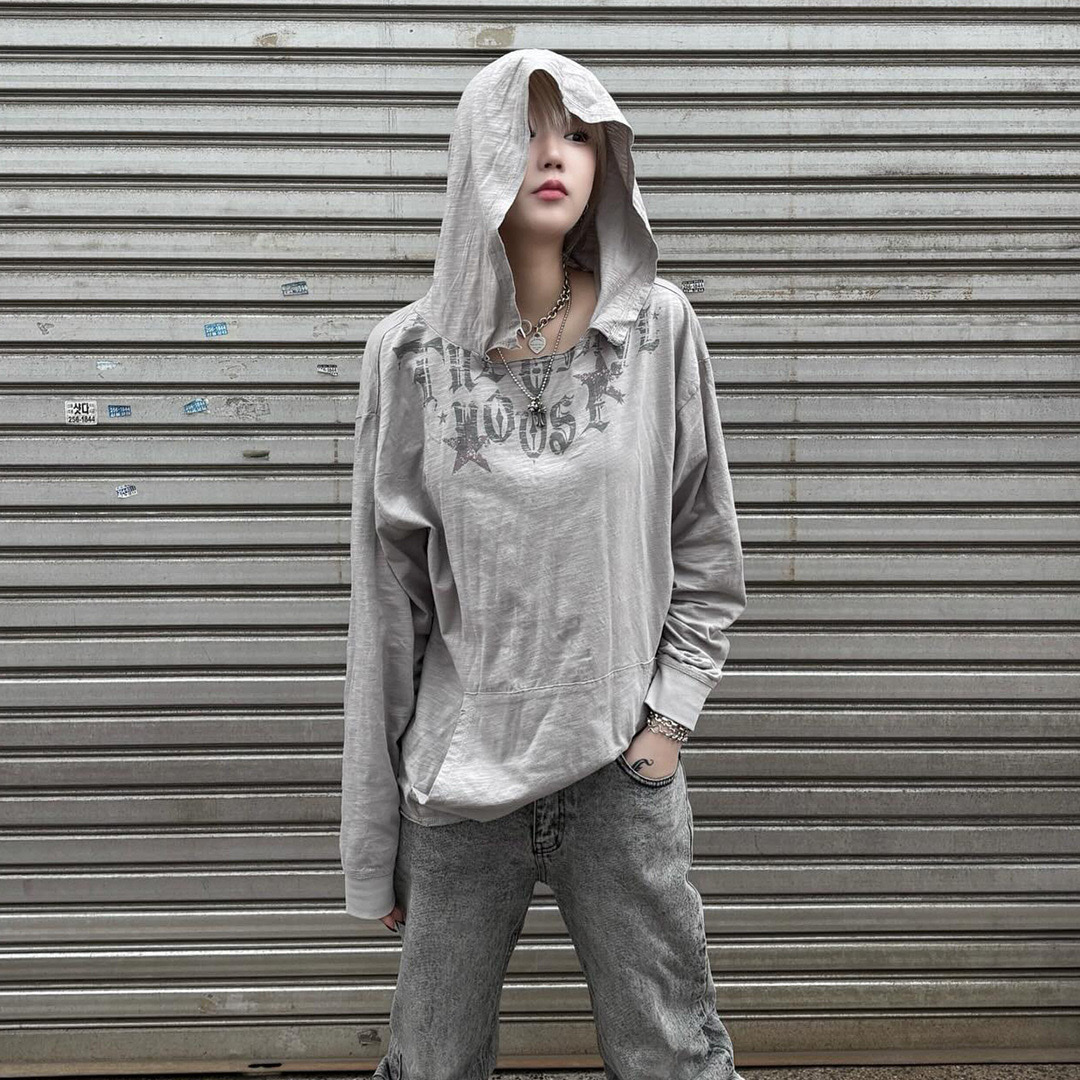 Thevinylhouse Cut-Off Over Slub Hoodie Ls Tee Grey 착용 스타일