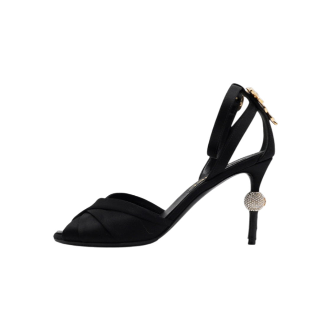 샤넬 블랙 새틴 크리스탈 장식 여성 오픈토 샌들 구두(Chanel Black Satin Twist Ankle Crystal-Embellished Open-Toe Sandals)