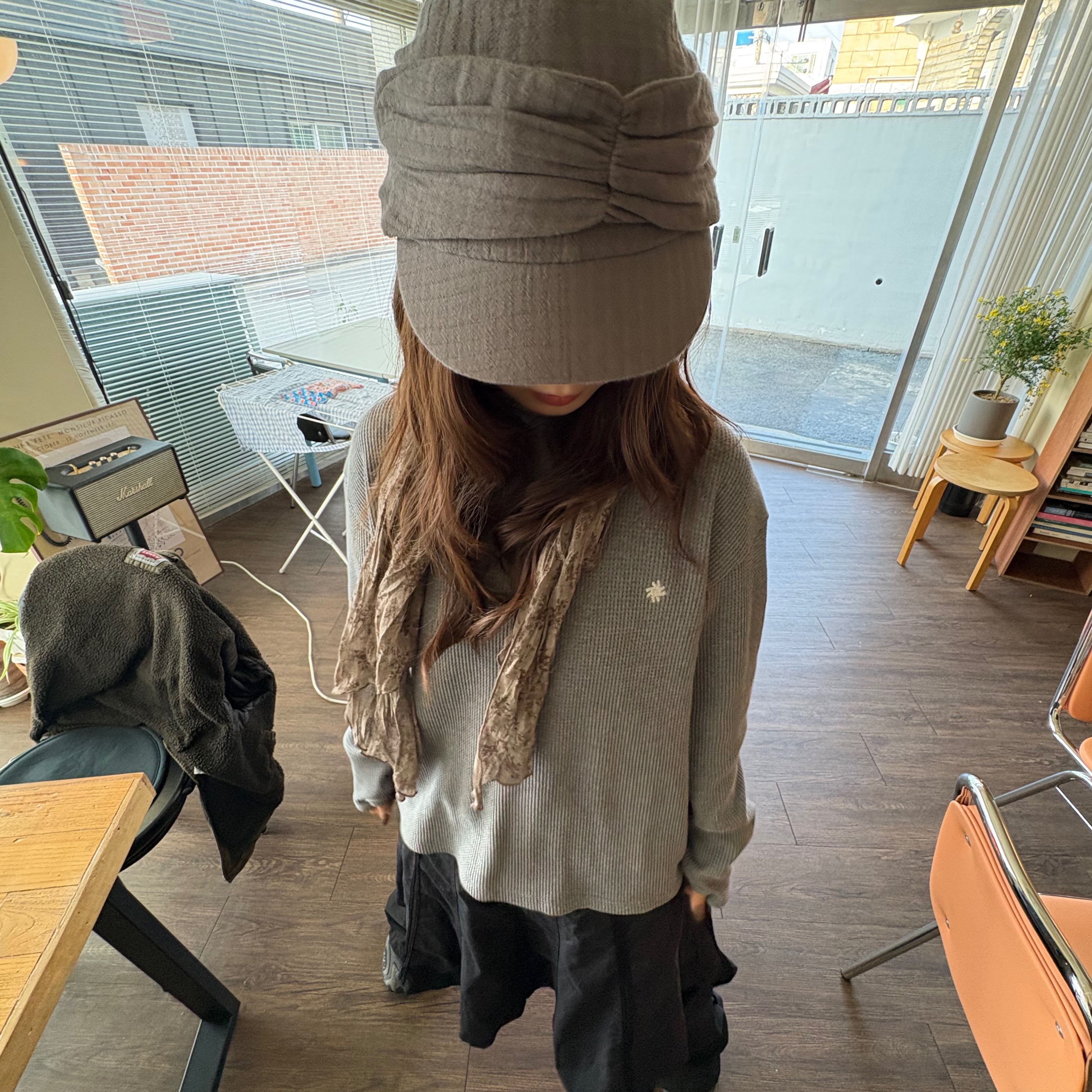 SLOW RECORD HOUSE Waffle Fingerhole Hood Blue Grey 착용 스타일 - 3